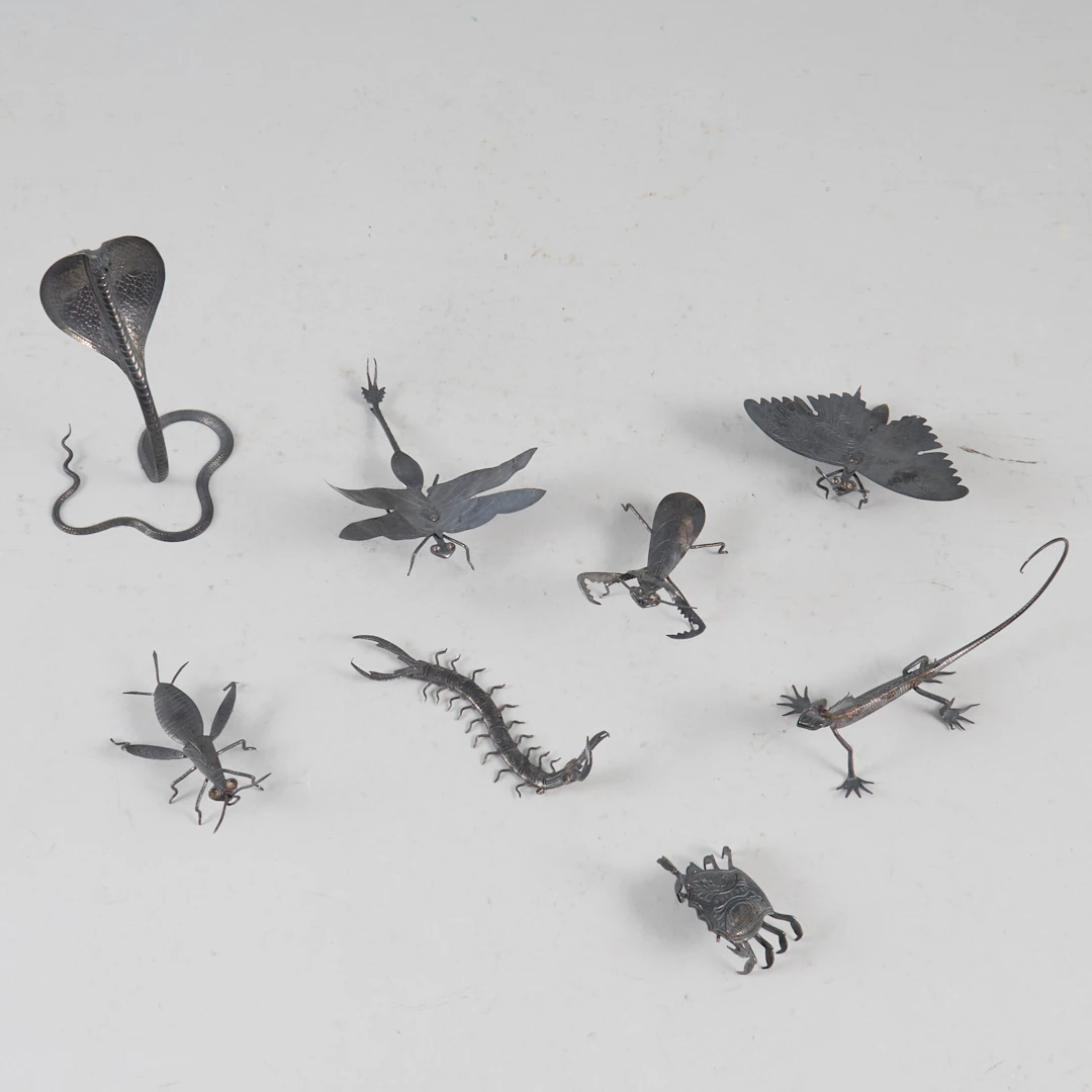 MINIATYRER, 8 st, Insekter/Djur, silver, Danmark.