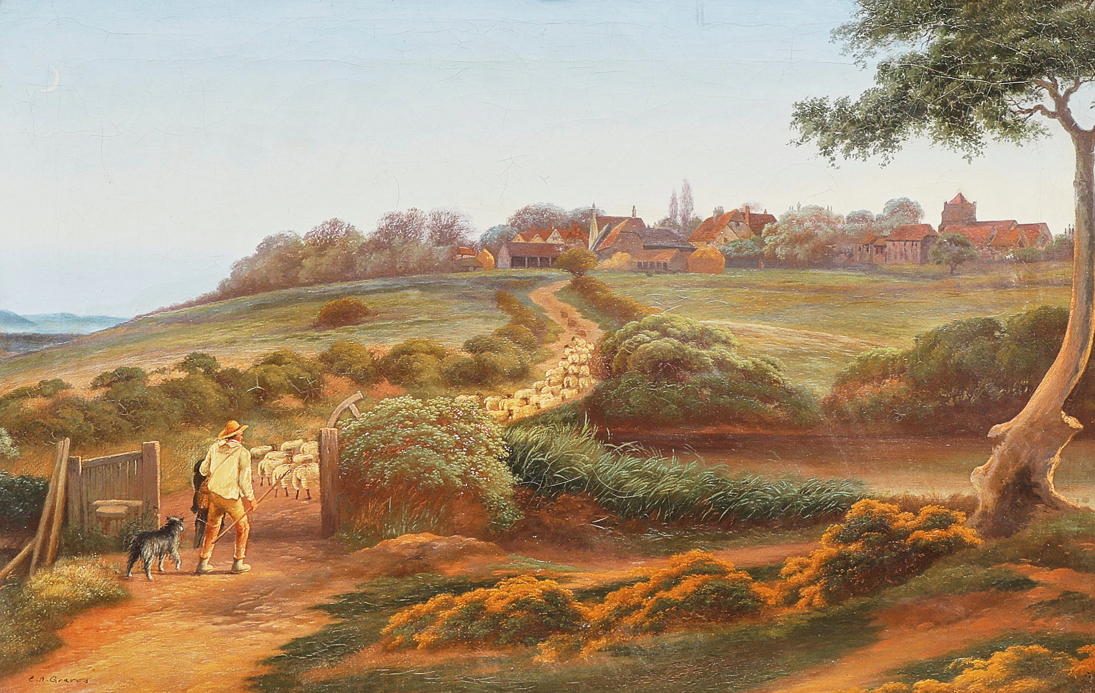 CHARLES A GRAVES. Oljemålning, signerad, fåraherde, duk.