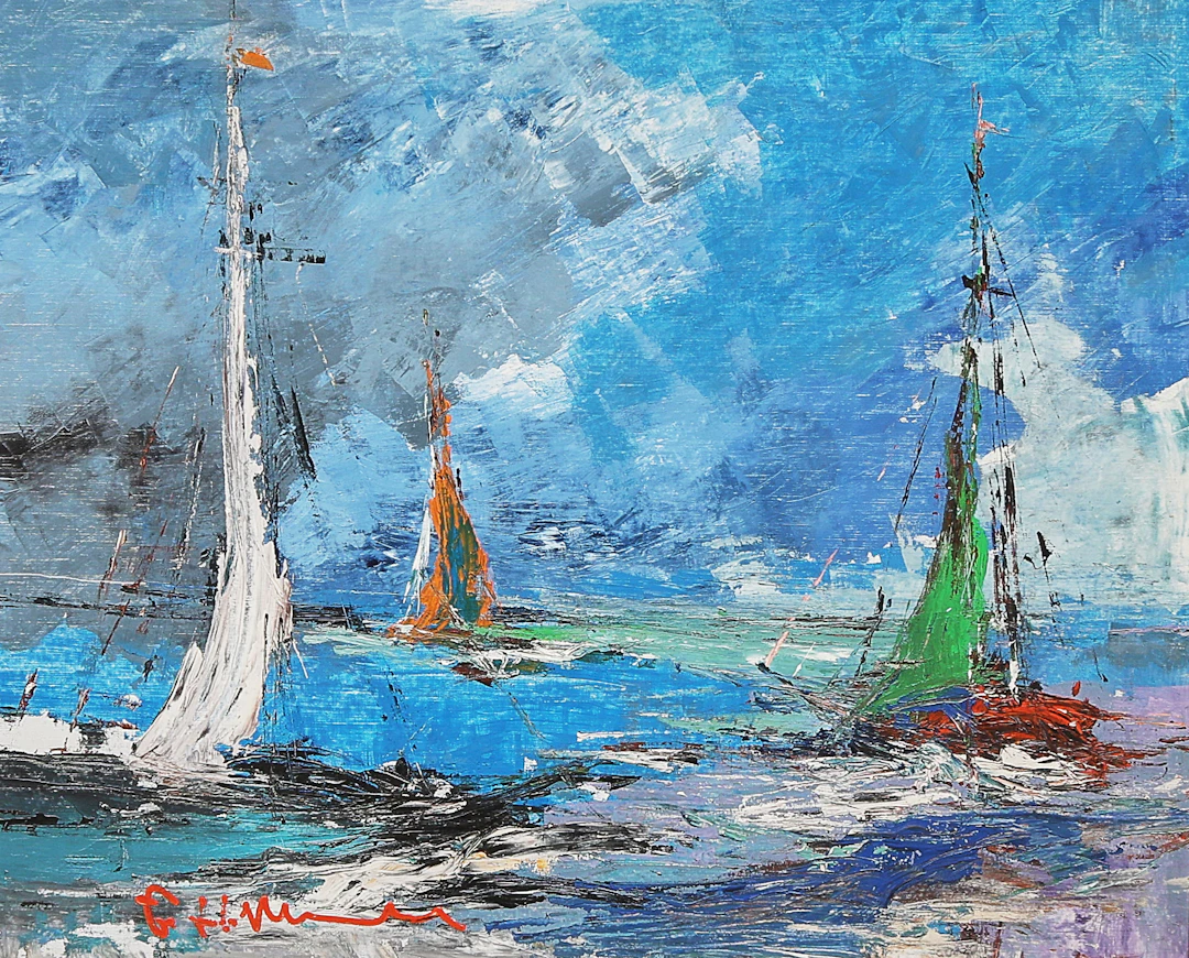 HELMUT MANTEL. Oljemålning, Segelbåtar.