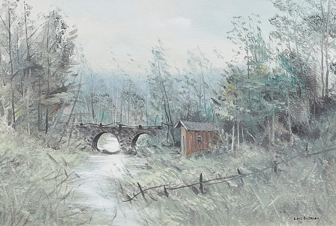 LARS ERIKSSON. Oljemålning, sign, landskap med bro.