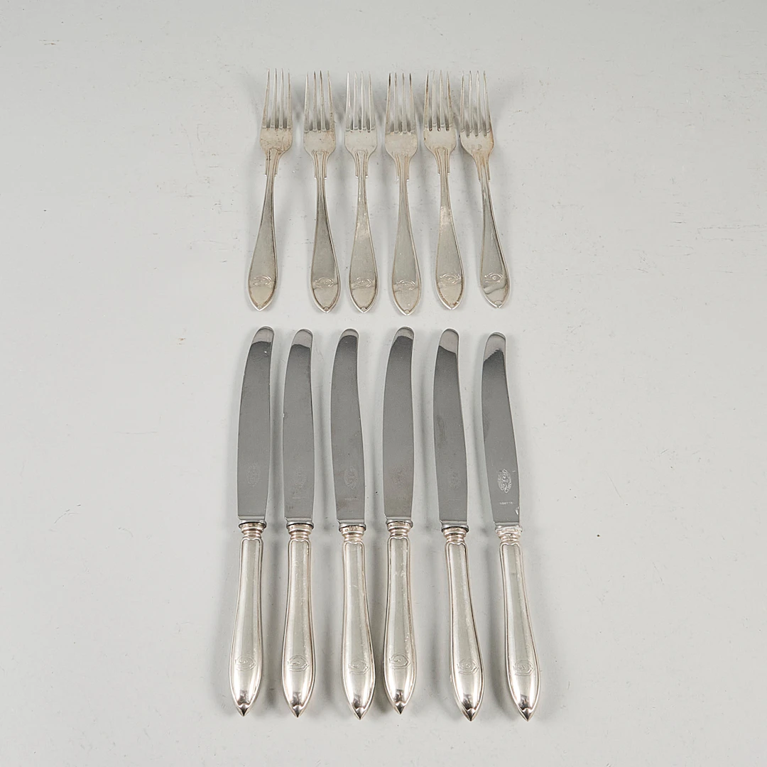 Bestick, Silver, 6+6 st vikt 740 gr vara knivar 340 gr ca.