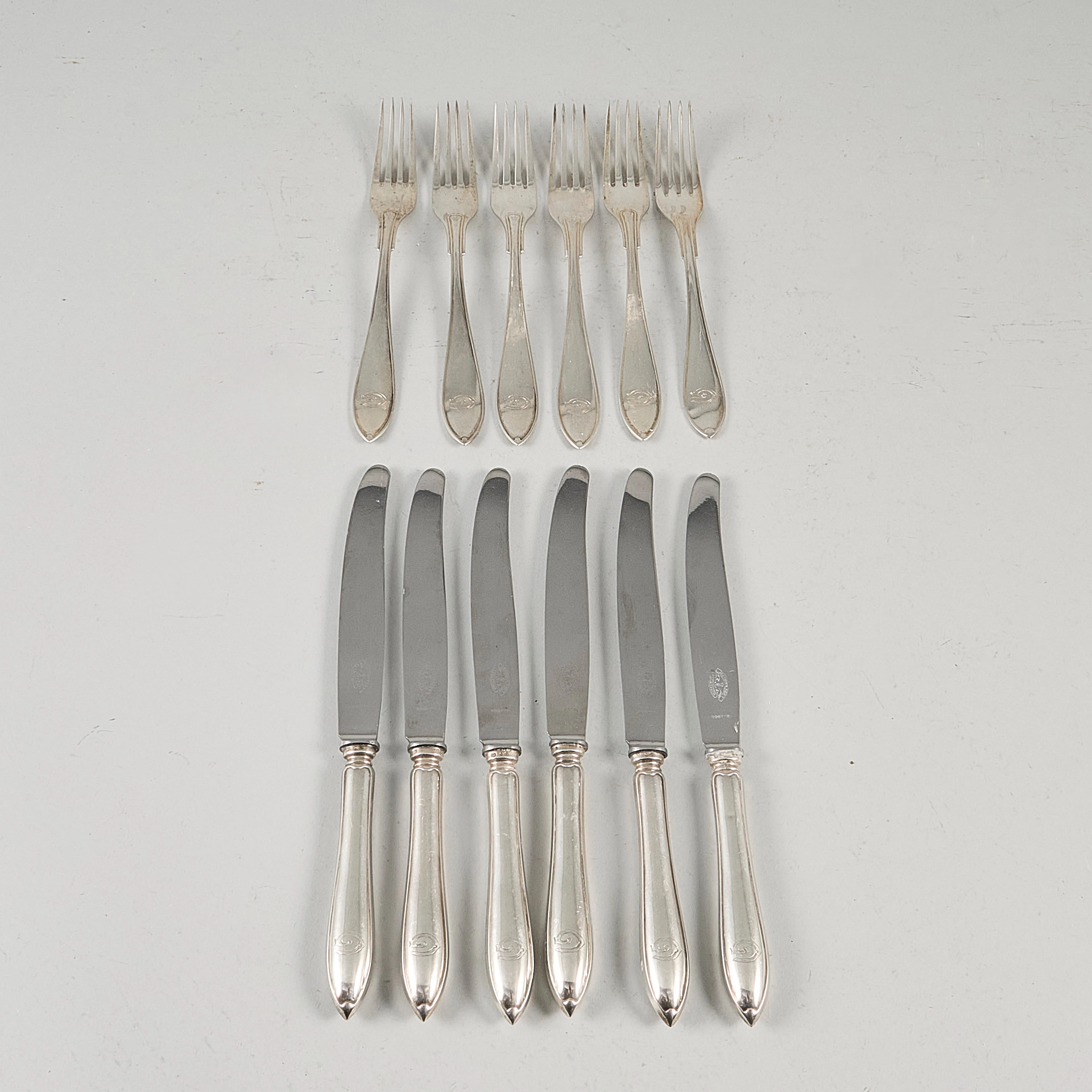 Bestick, Silver, 6+6 st vikt 740 gr vara knivar 340 gr ca.