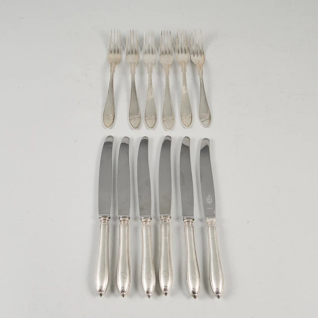 Bestick, Silver, 6+6 st vikt 740 gr vara knivar 340 gr ca.