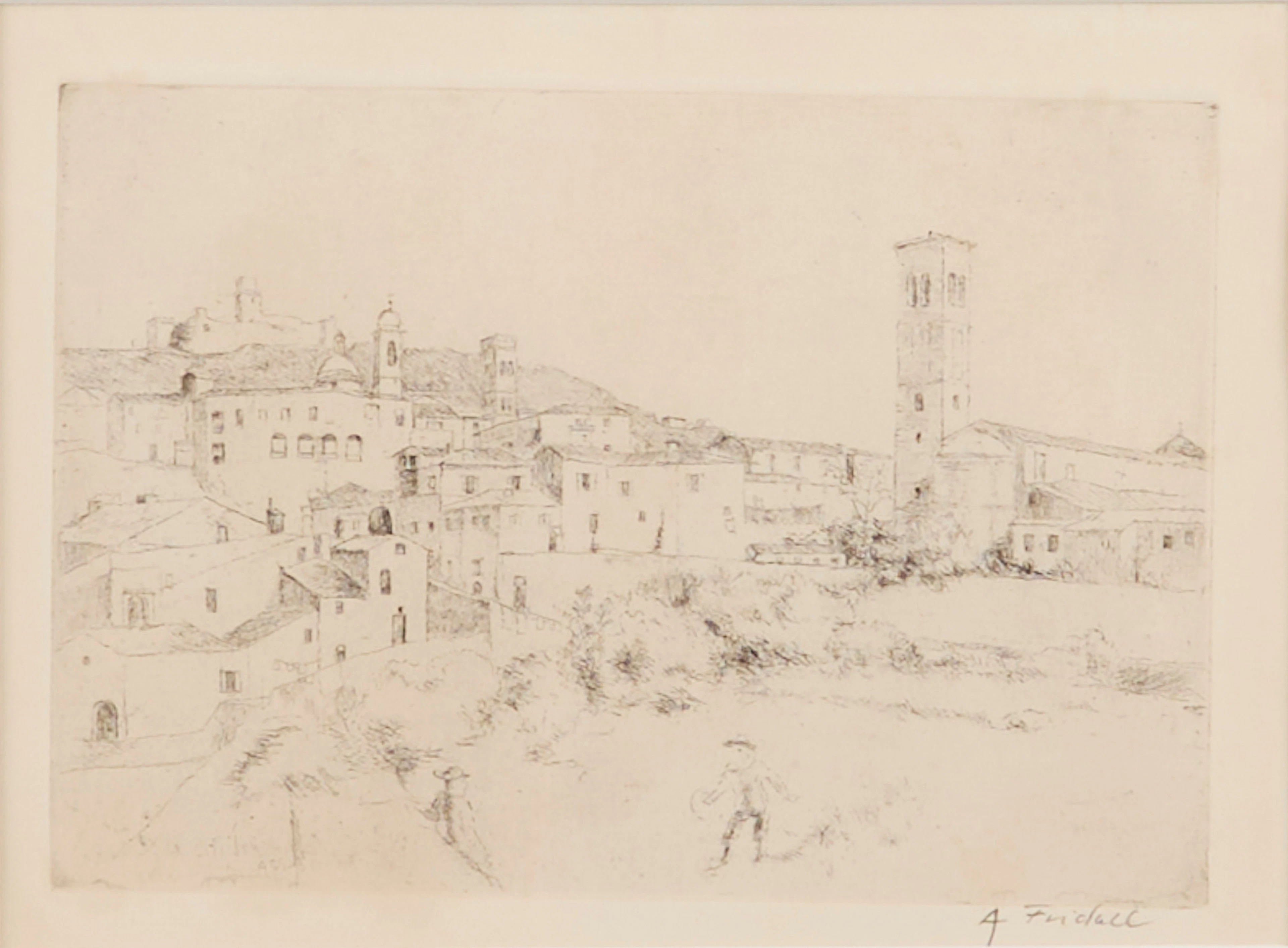 AXEL FRIDELL. Torrnålsgravyr, "Utsikt från Assisi I" (1921), signerad.
