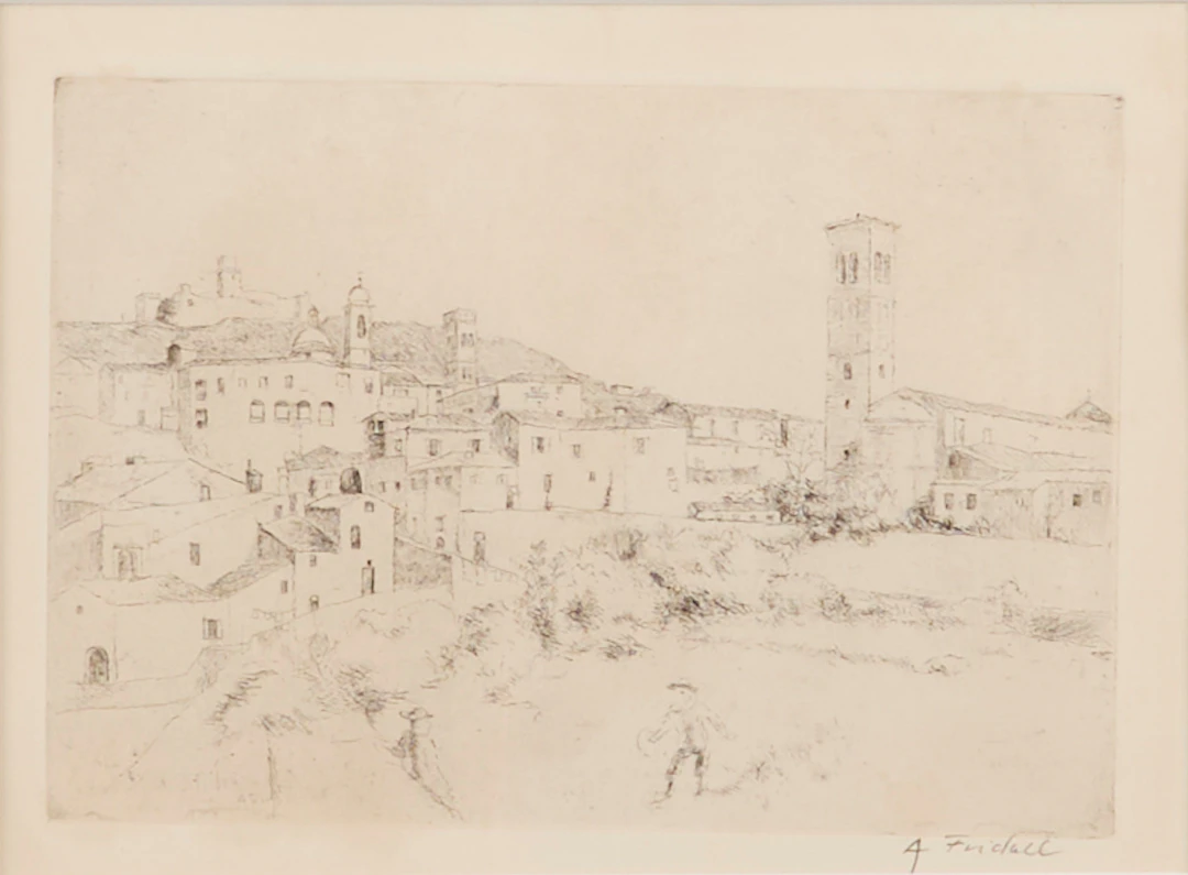AXEL FRIDELL. Torrnålsgravyr, "Utsikt från Assisi I" (1921), signerad.