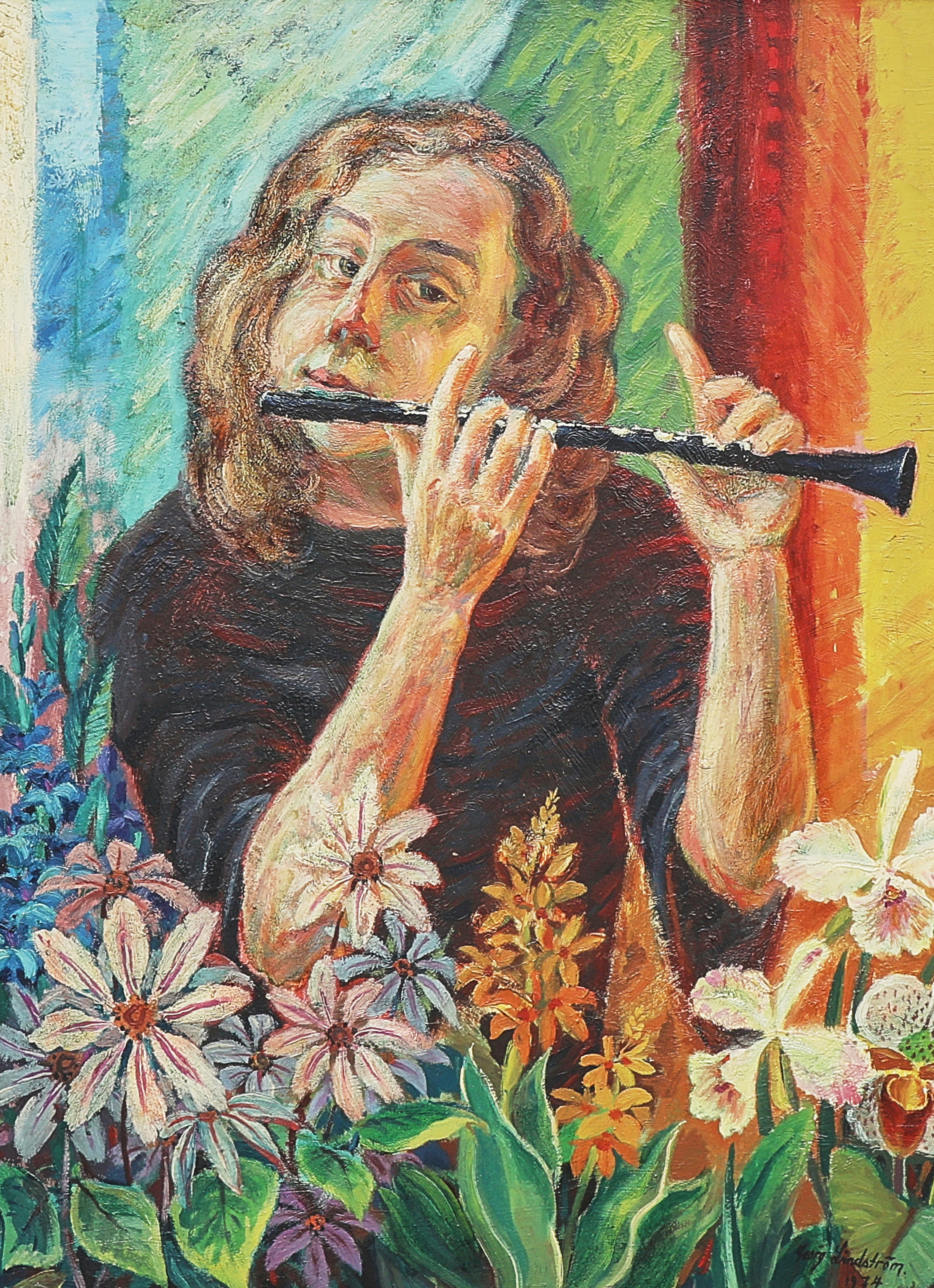 GEORG LINDSTRÖM. Oljemålning, flöjtspelande flicka.