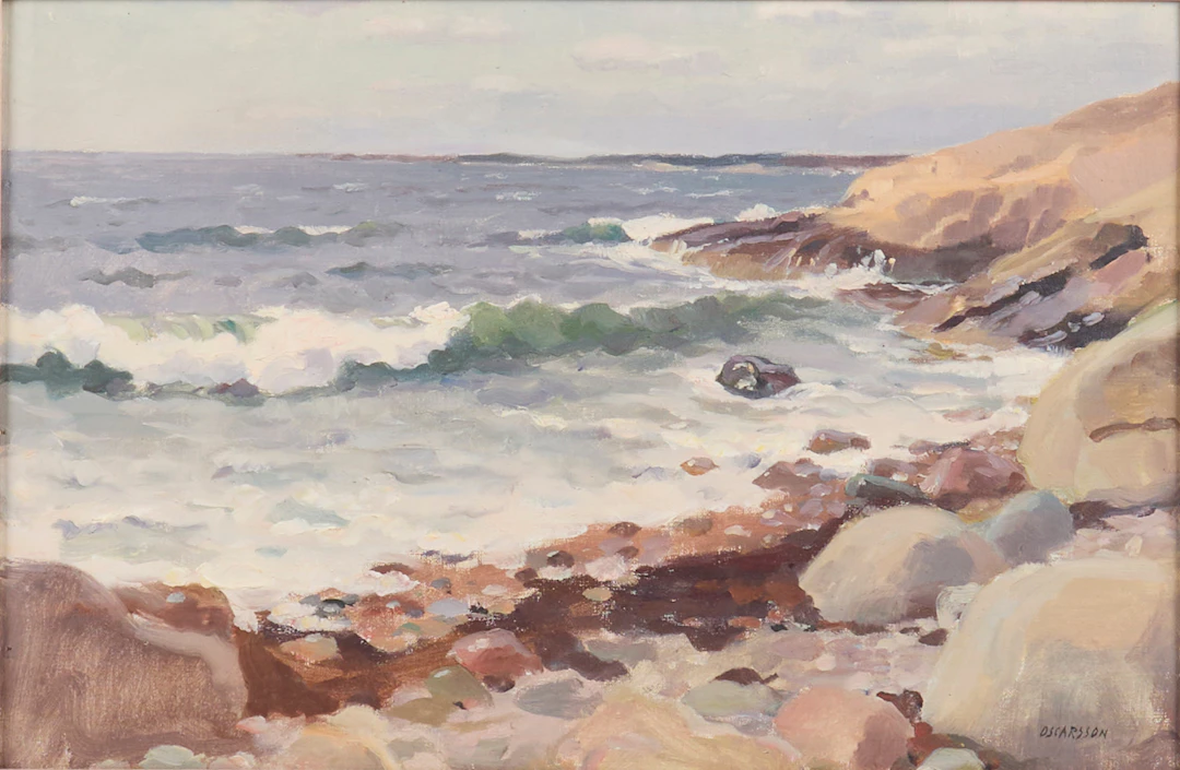 BERNHARD OSCARSSON. Oljemålning, signerad, strandkant med klippor, duk.