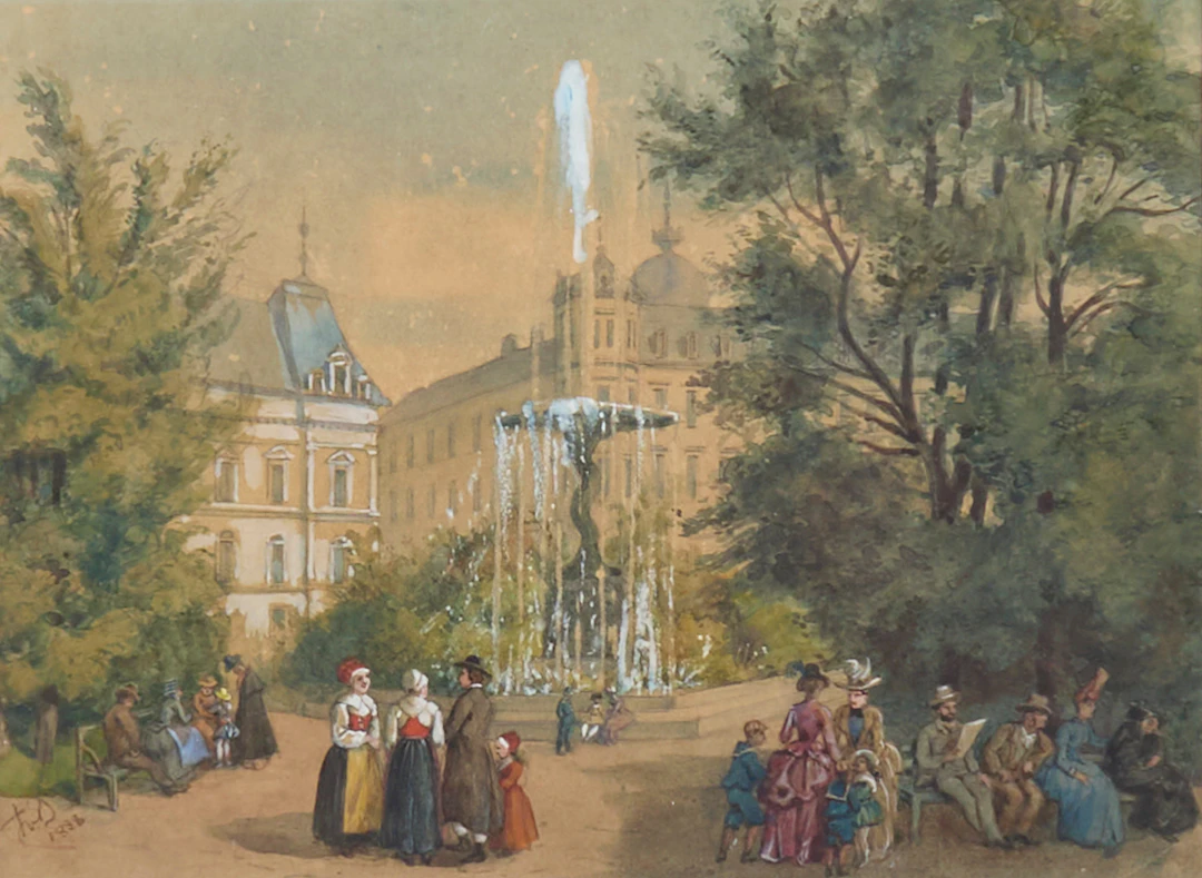 FRITZ VON DARDEL. Blandteknik, Signerad 1888, Molins fontän.