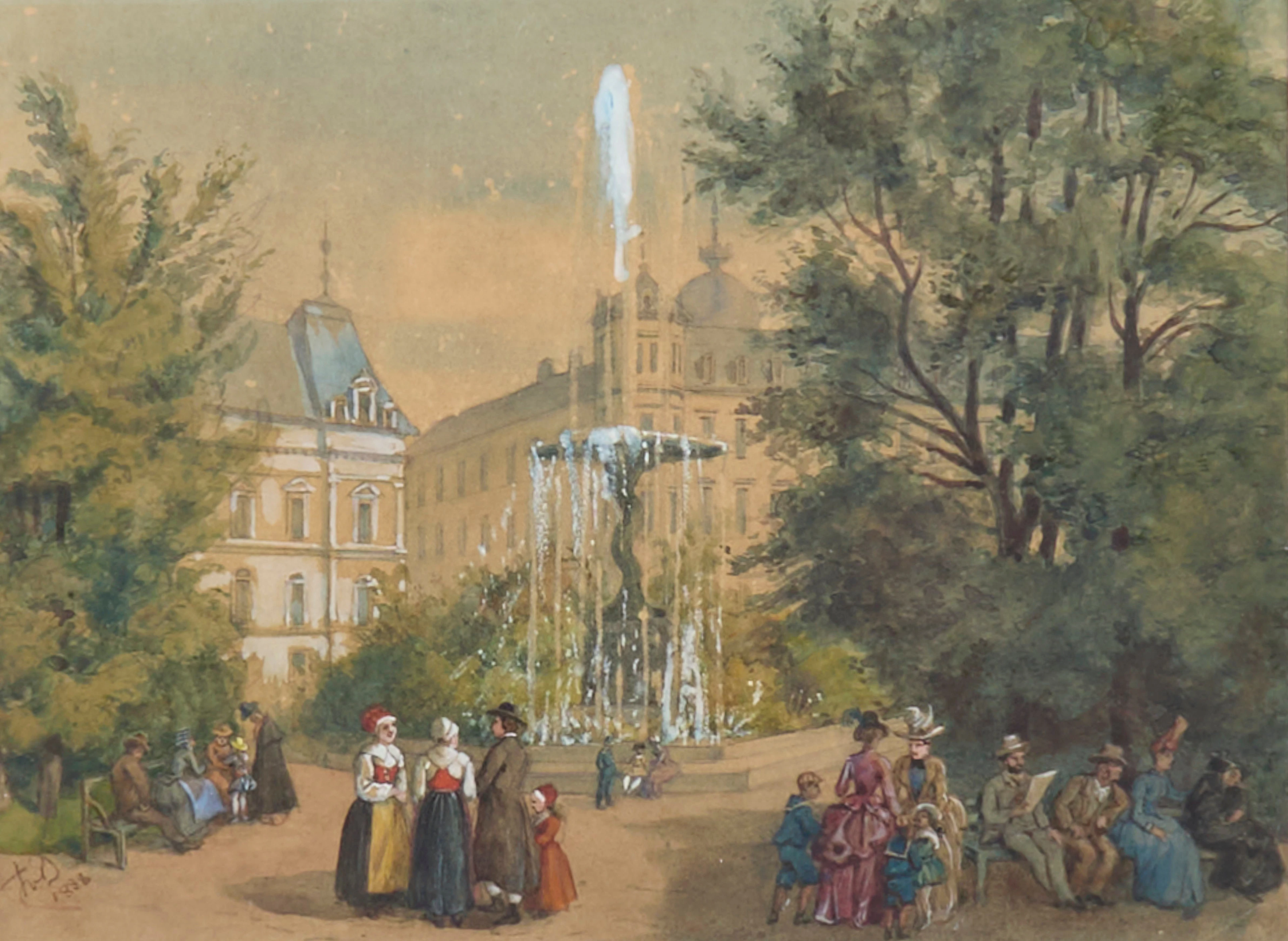 FRITZ VON DARDEL. Blandteknik, Signerad 1888, Molins fontän.