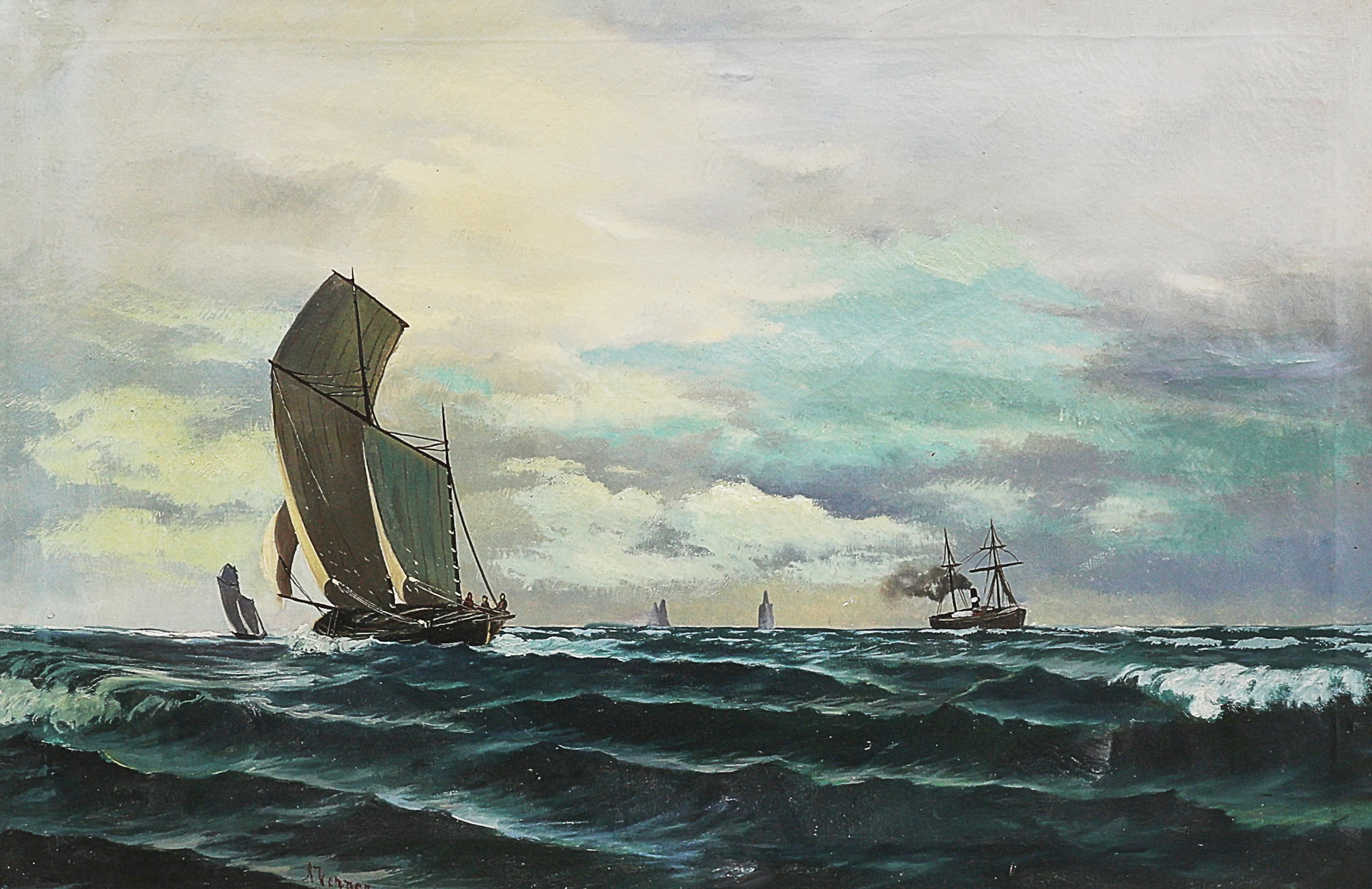 A WERNER. Oljemålning, signerad, fartyg på havet.