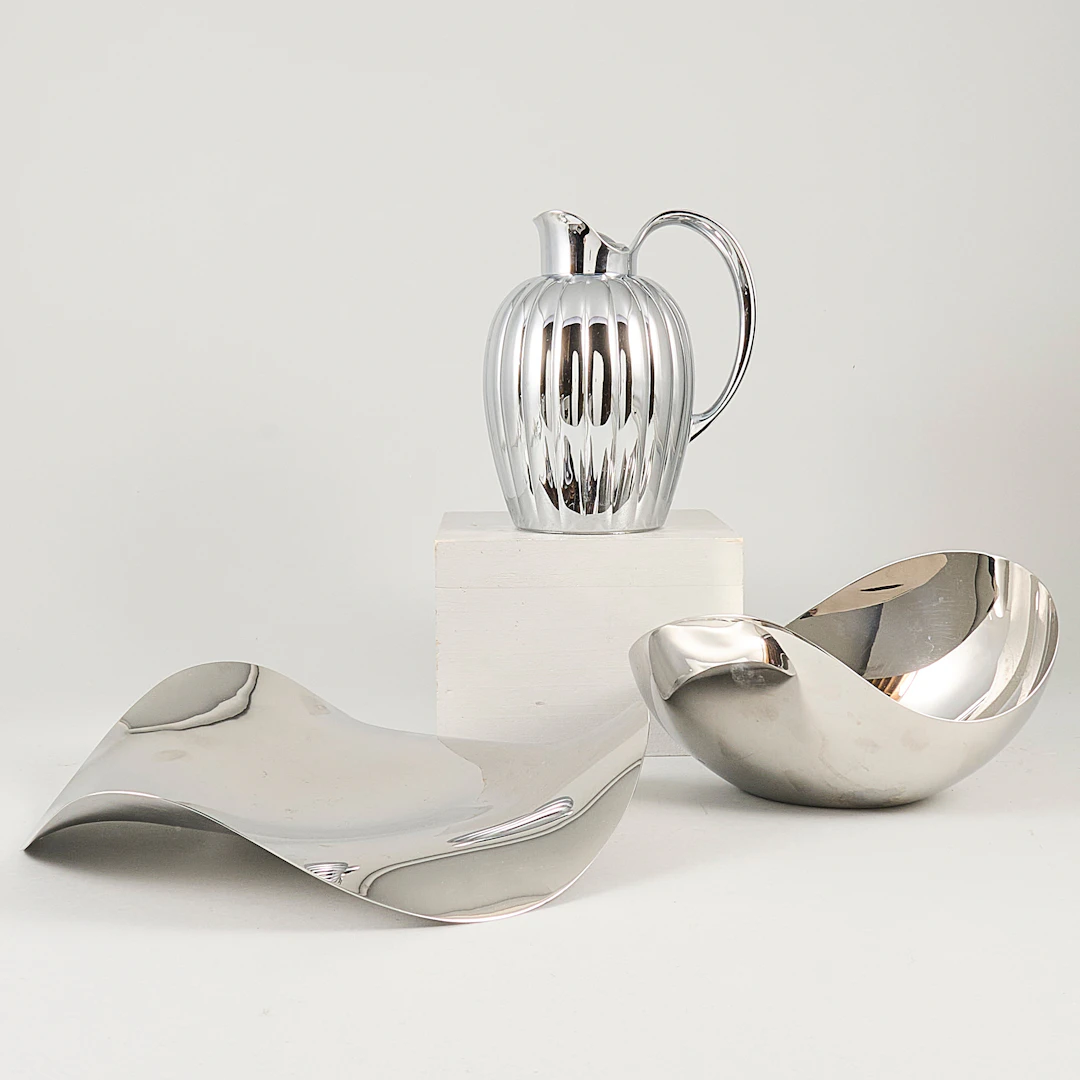 GEORG JENSEN. Skål+fat+termos, rostfritt.