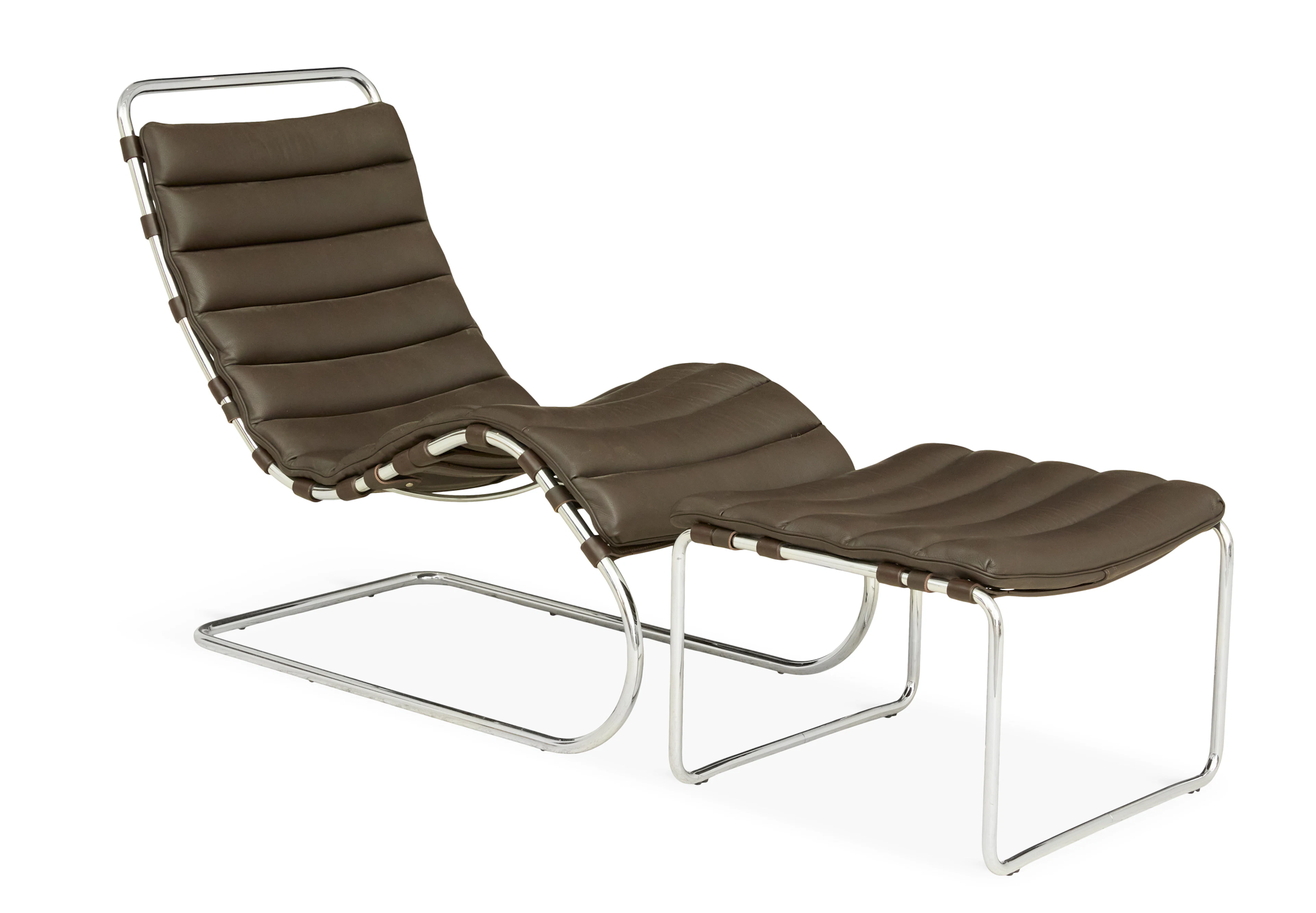 Leather and Chrome-Plated Steel "MR" Lounge Chair and Ottoman