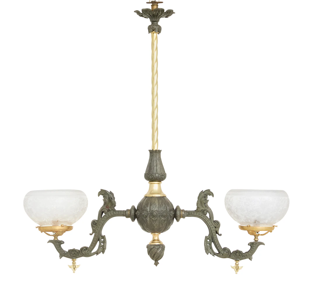 Patinated Metal and Brass Gasolier