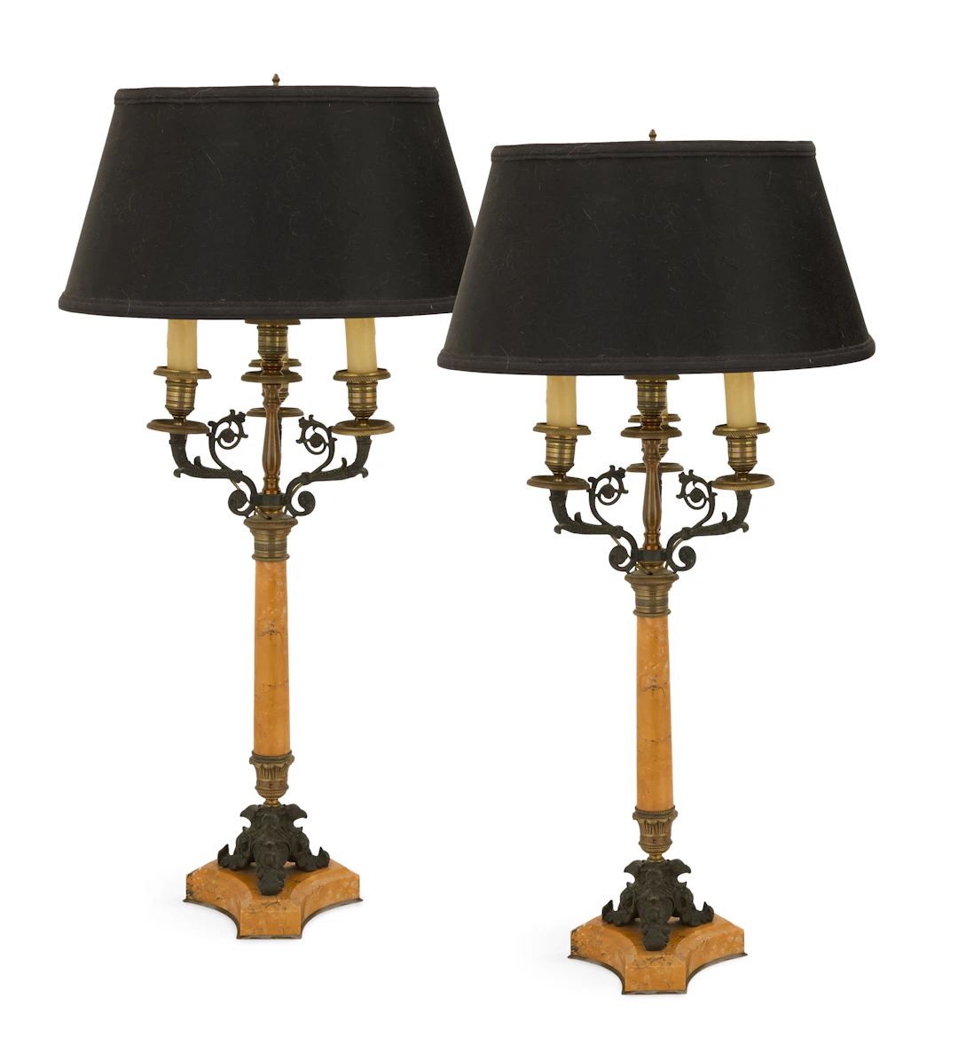 Pair of French Marble and Bronze Candelabra Lamps