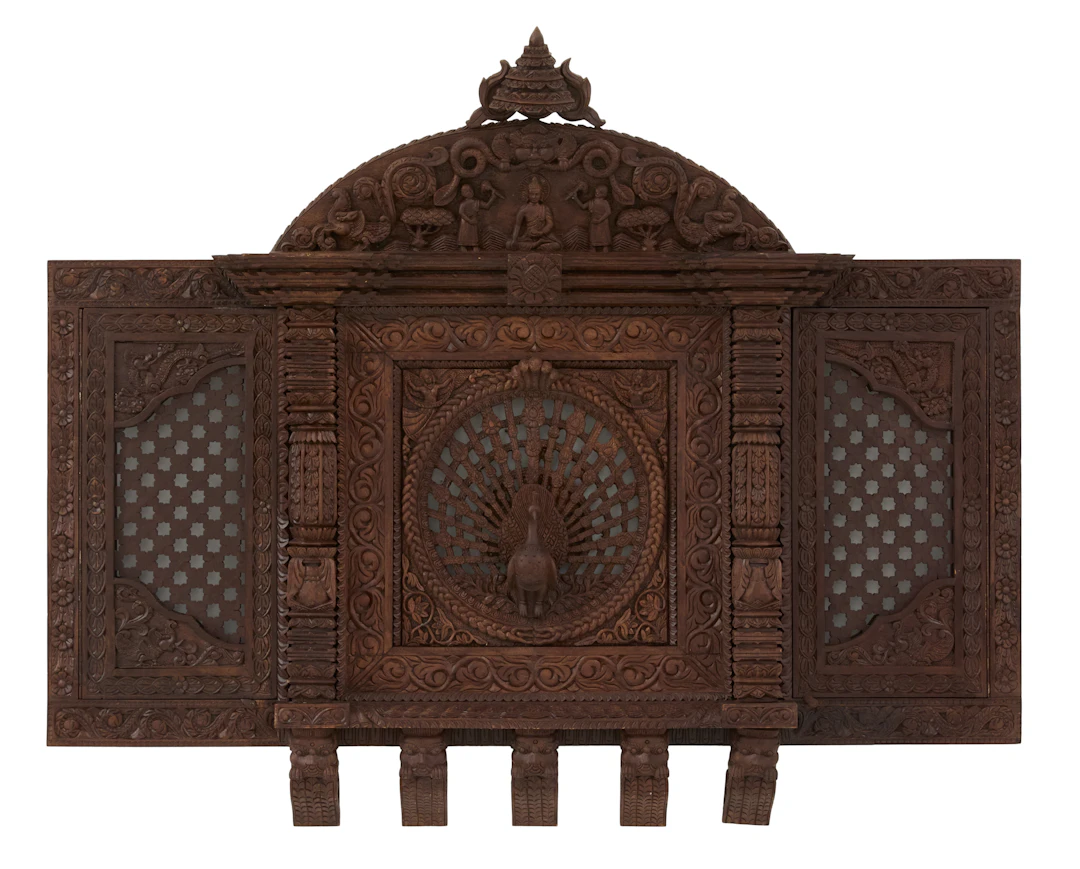 Newari Carved and Pierced Wooden Peacock Window