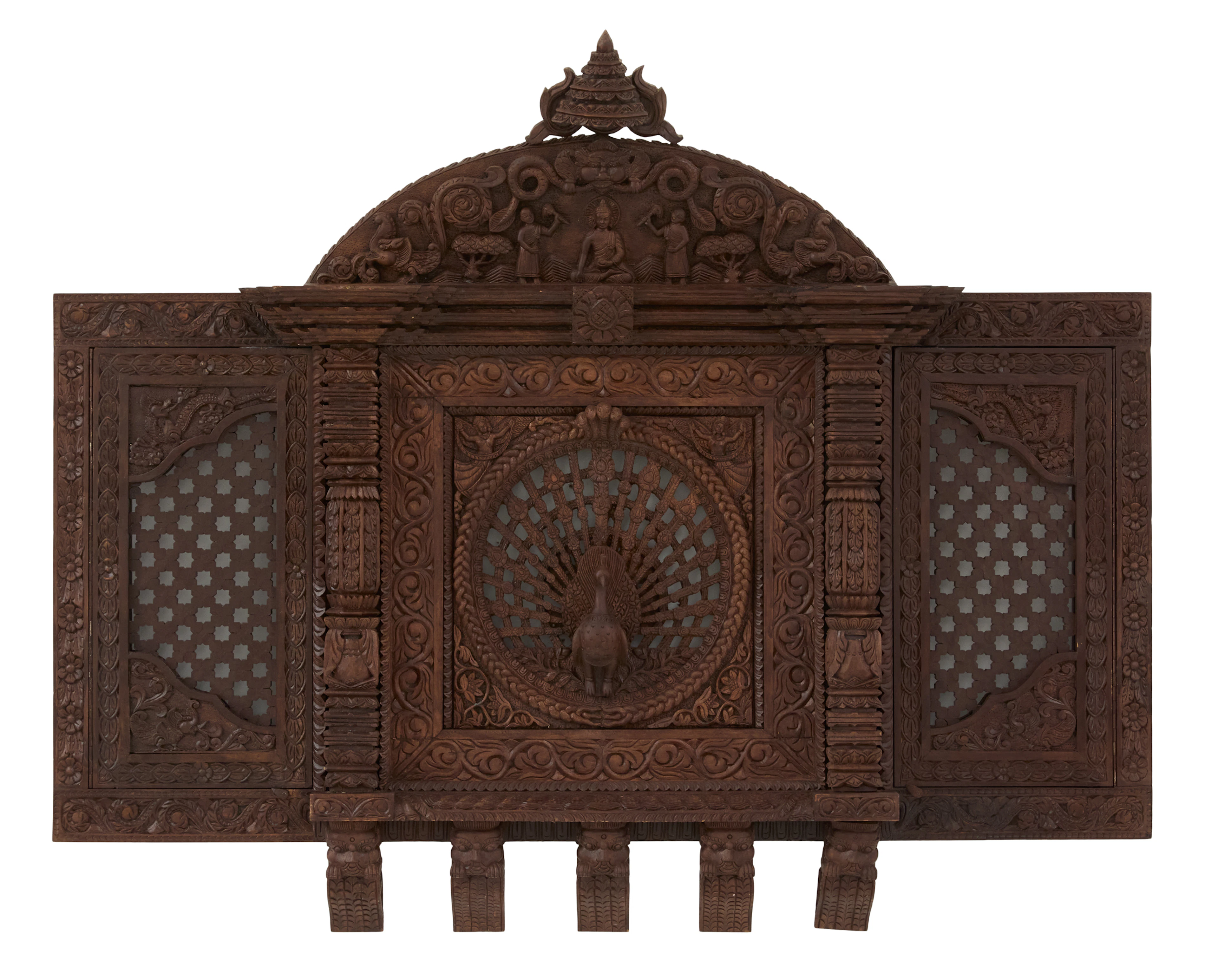 Newari Carved and Pierced Wooden Peacock Window