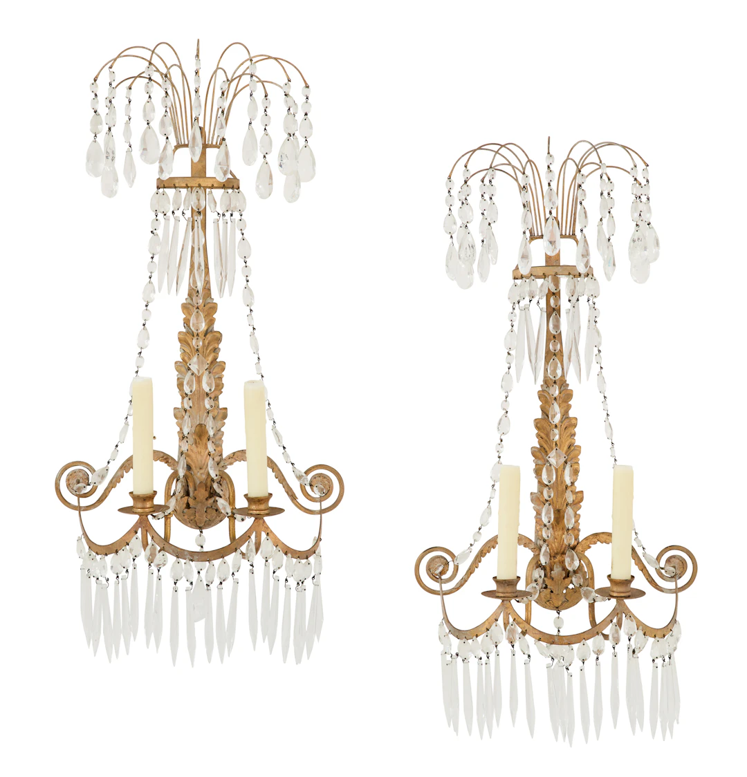 Pair of Gilt-Metal and Crystal Sconces