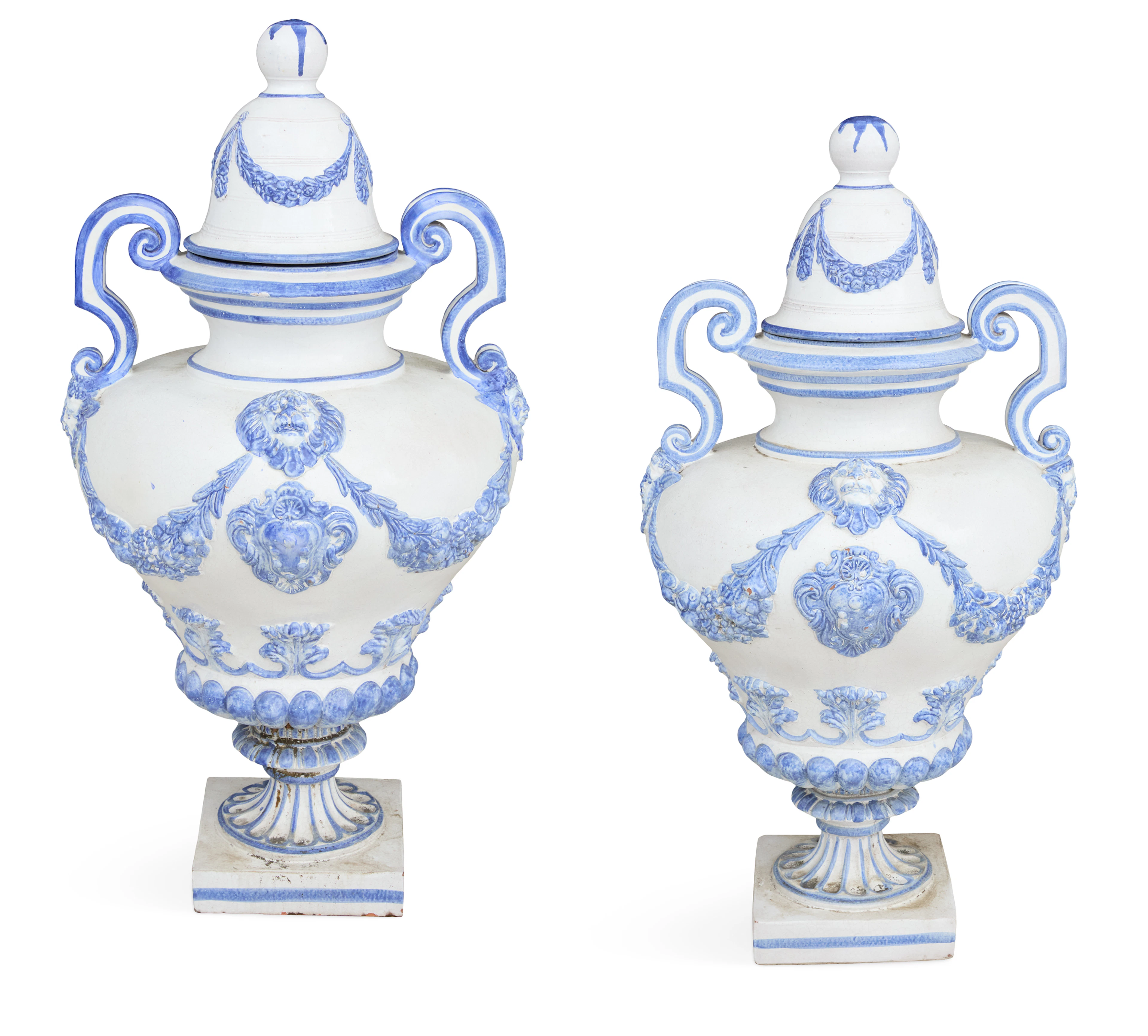 Pair of Monumental Italian Faience Covered Urns