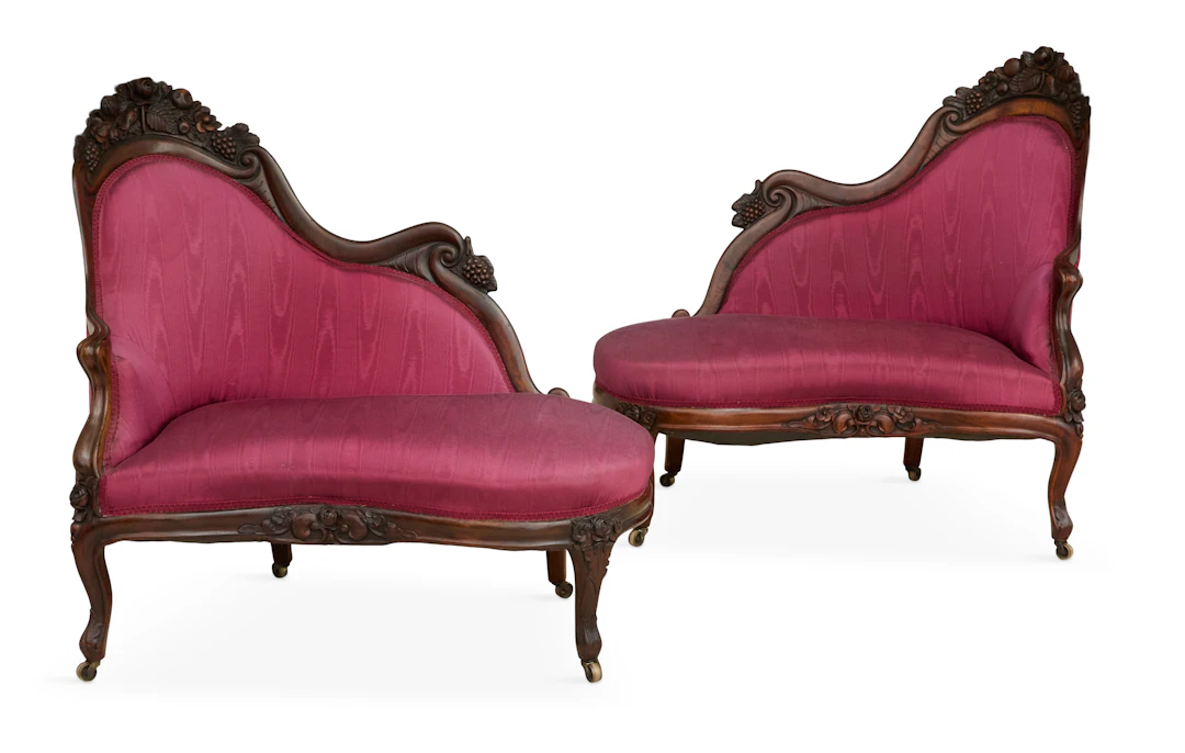 Pair of American Rococo Revival Laminated Rosewood Recamiers
