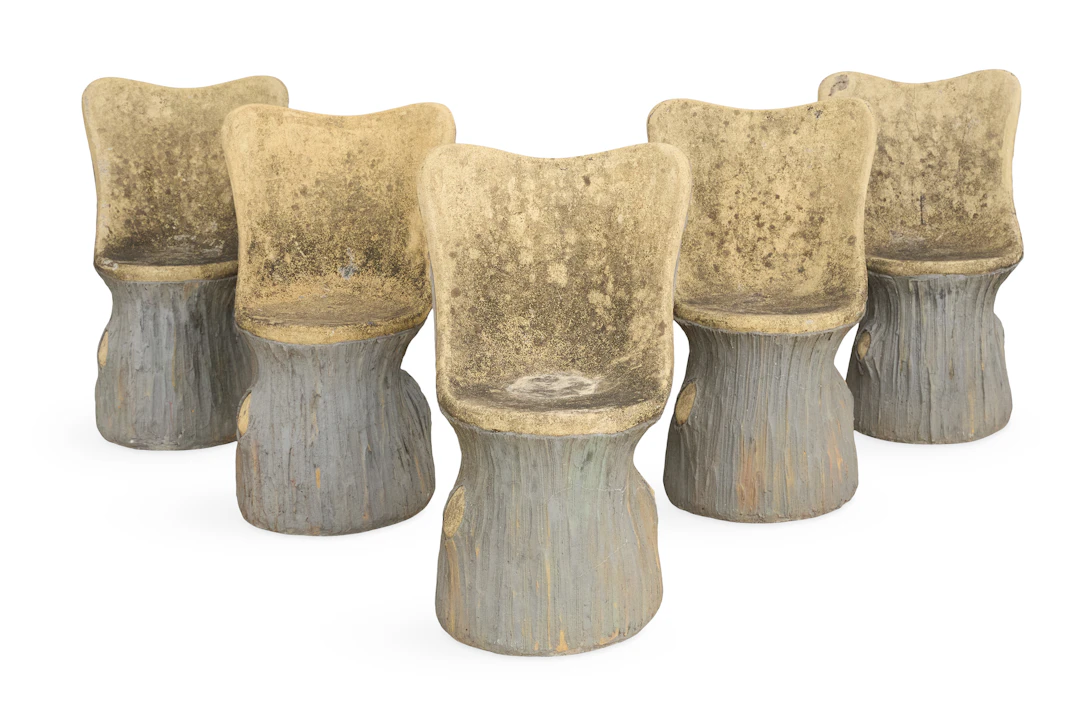 Set of Five French "Rustic" Cast-Stone Garden Chairs