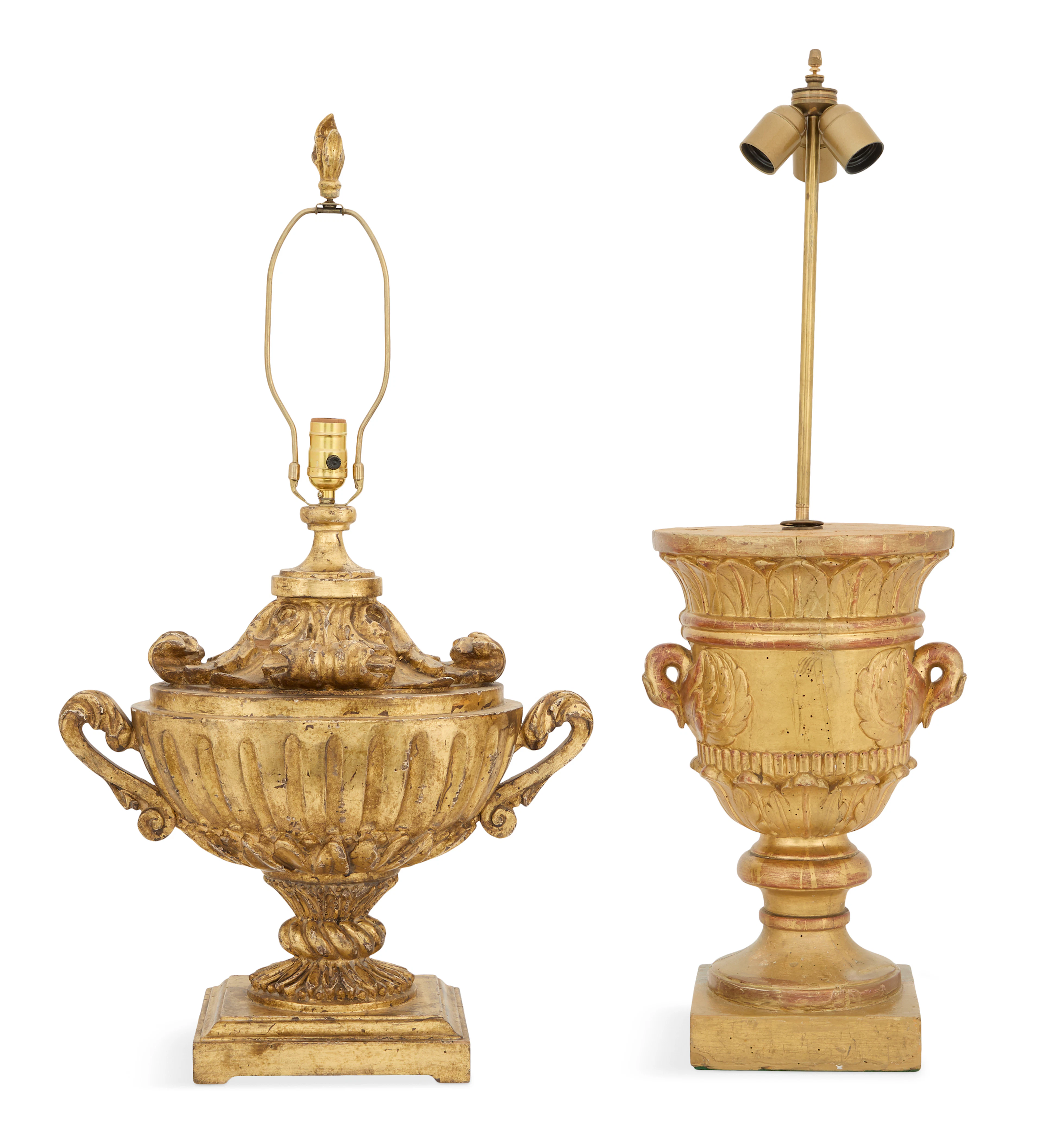 Two Carved Giltwood Urn Lamps