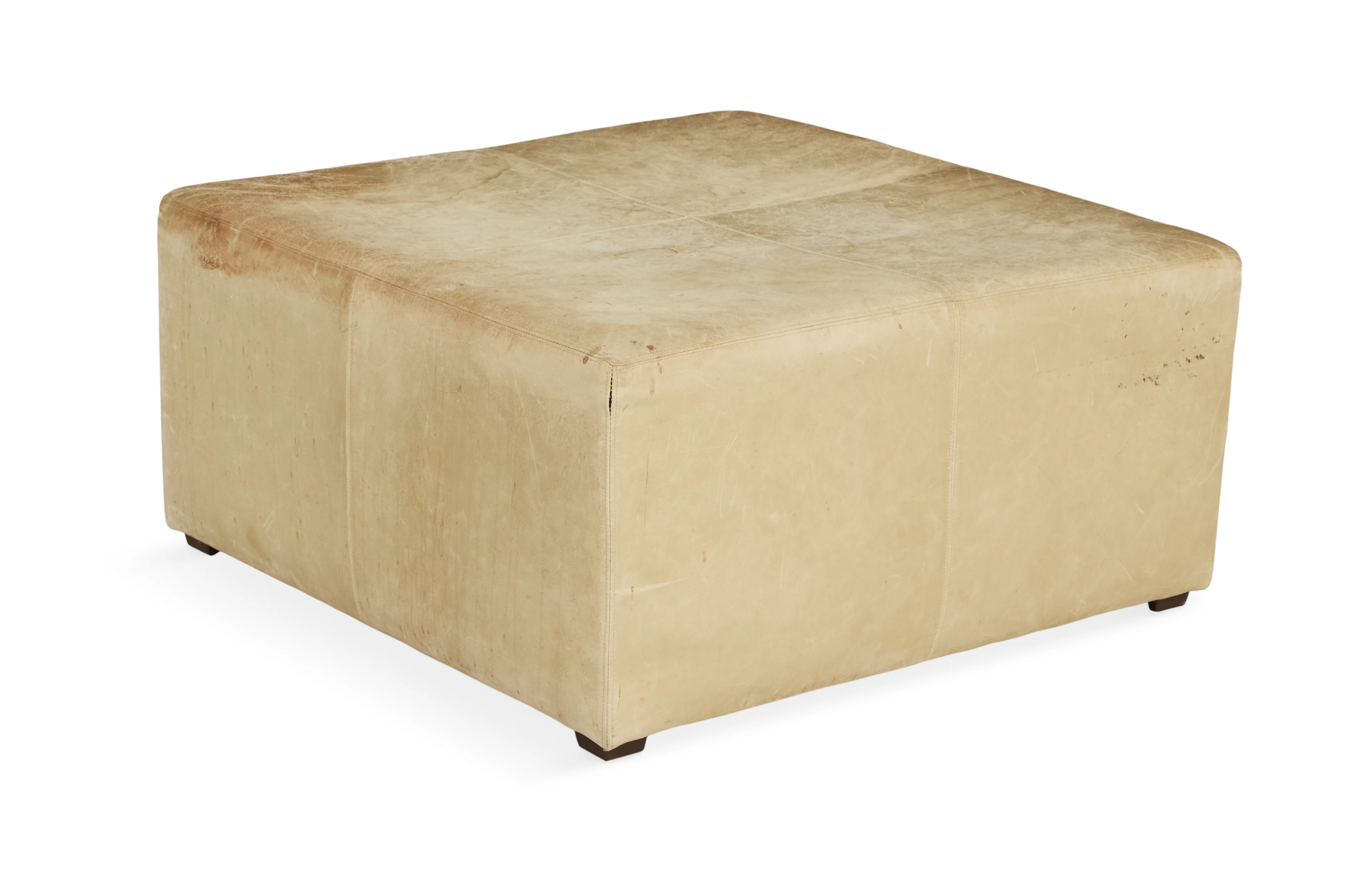 Large Distressed Leather Cube-Form Ottoman