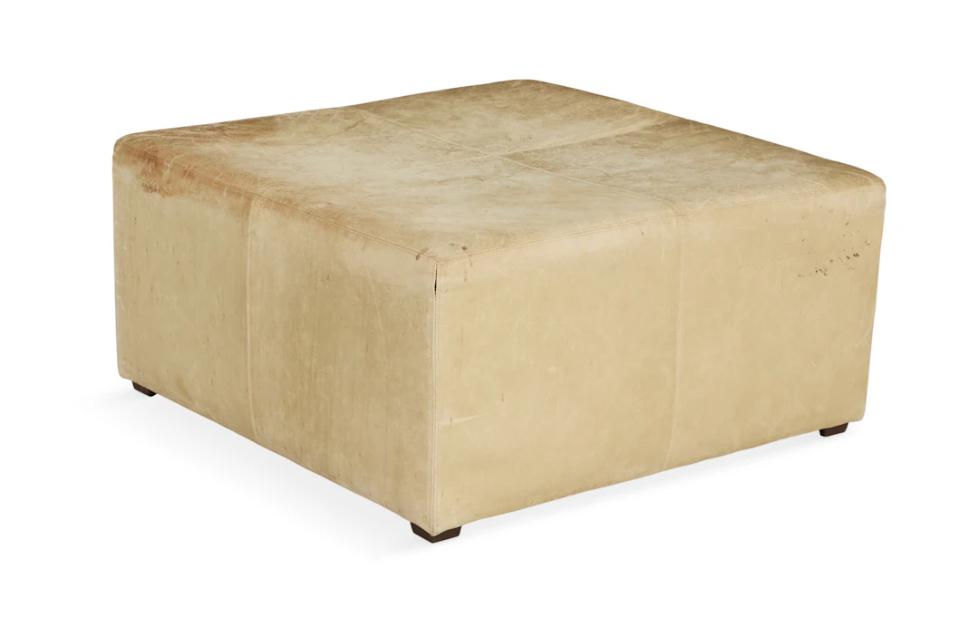 Large Distressed Leather Cube-Form Ottoman