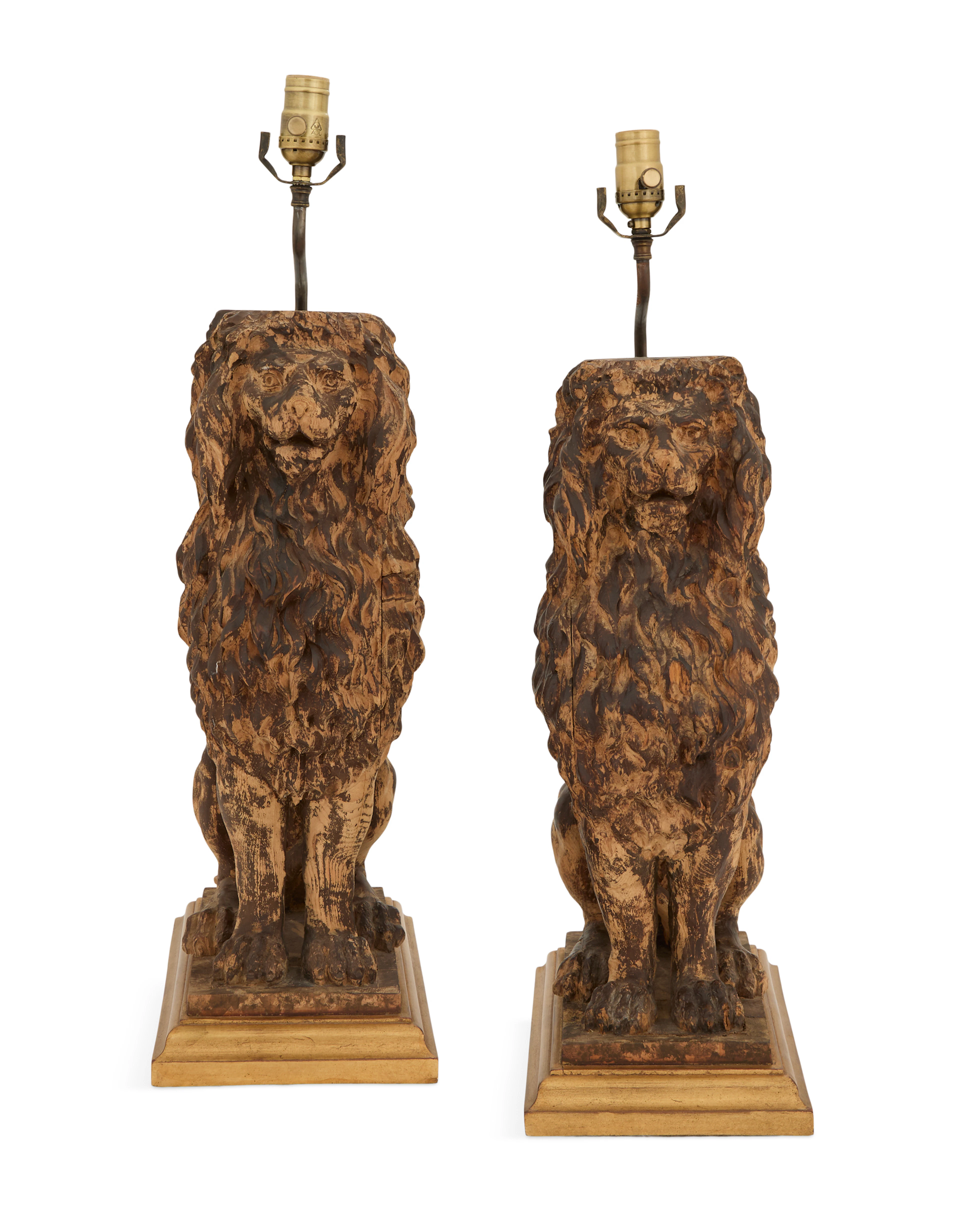 Pair of Carved Wood Lion-Form Lamps