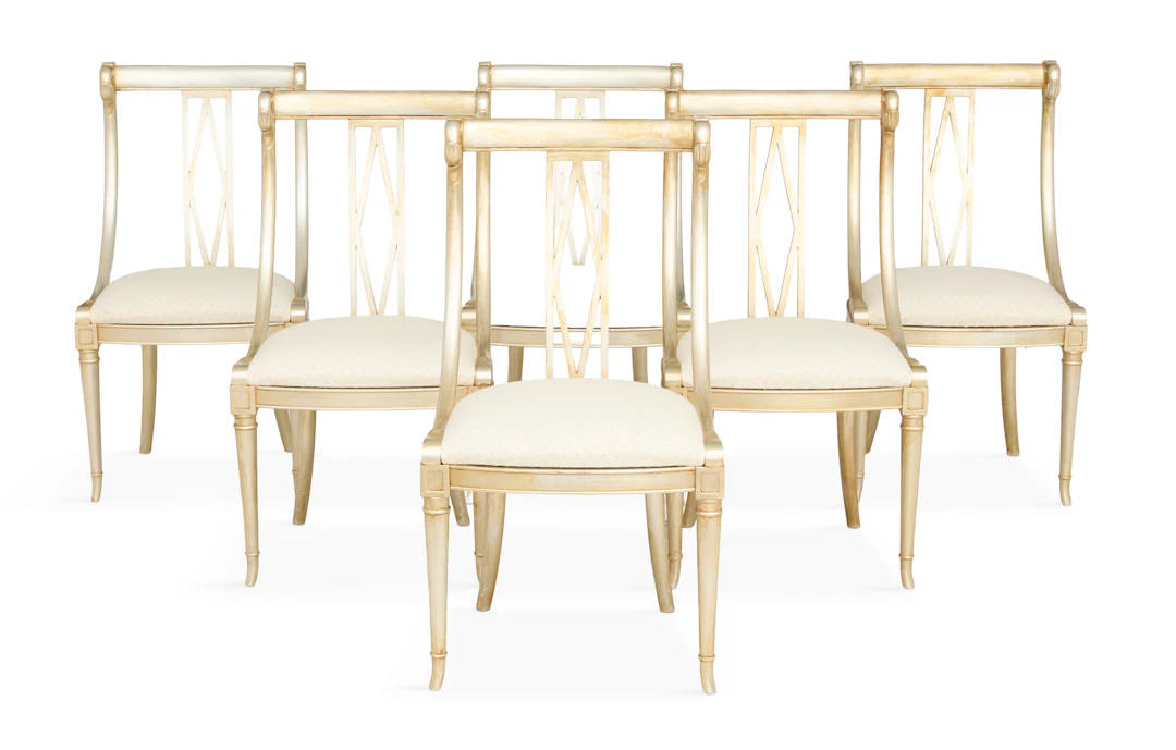 Suite of Six Hollywood Regency Silver-Leaf Chairs