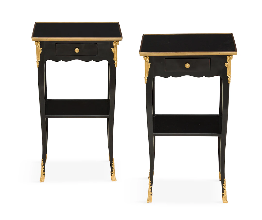 Pair of French Ebonized and Ormolu-Mounted Side Tables