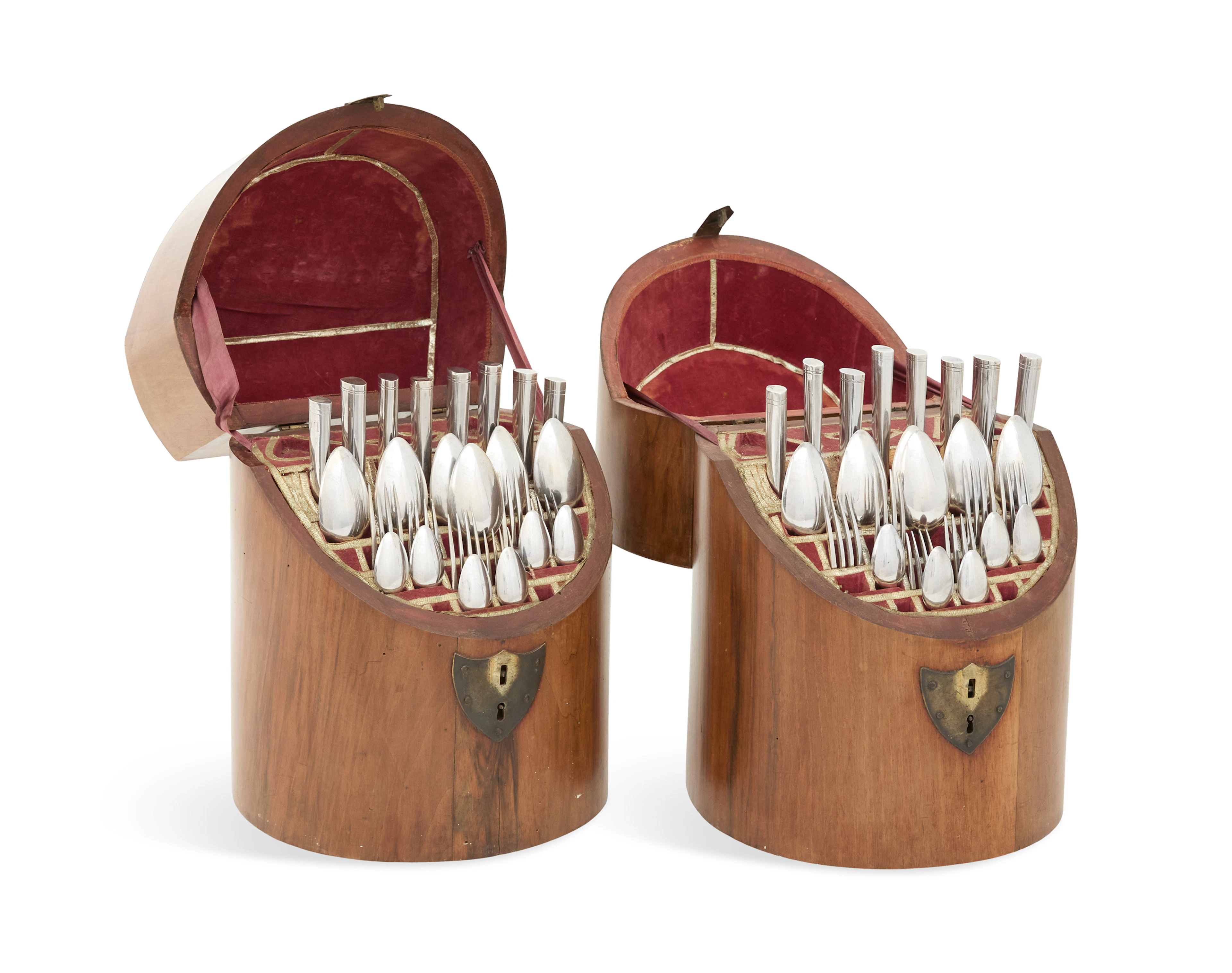 19th-Century Italian Silver Flatware Service in Olivewood Knife Boxes