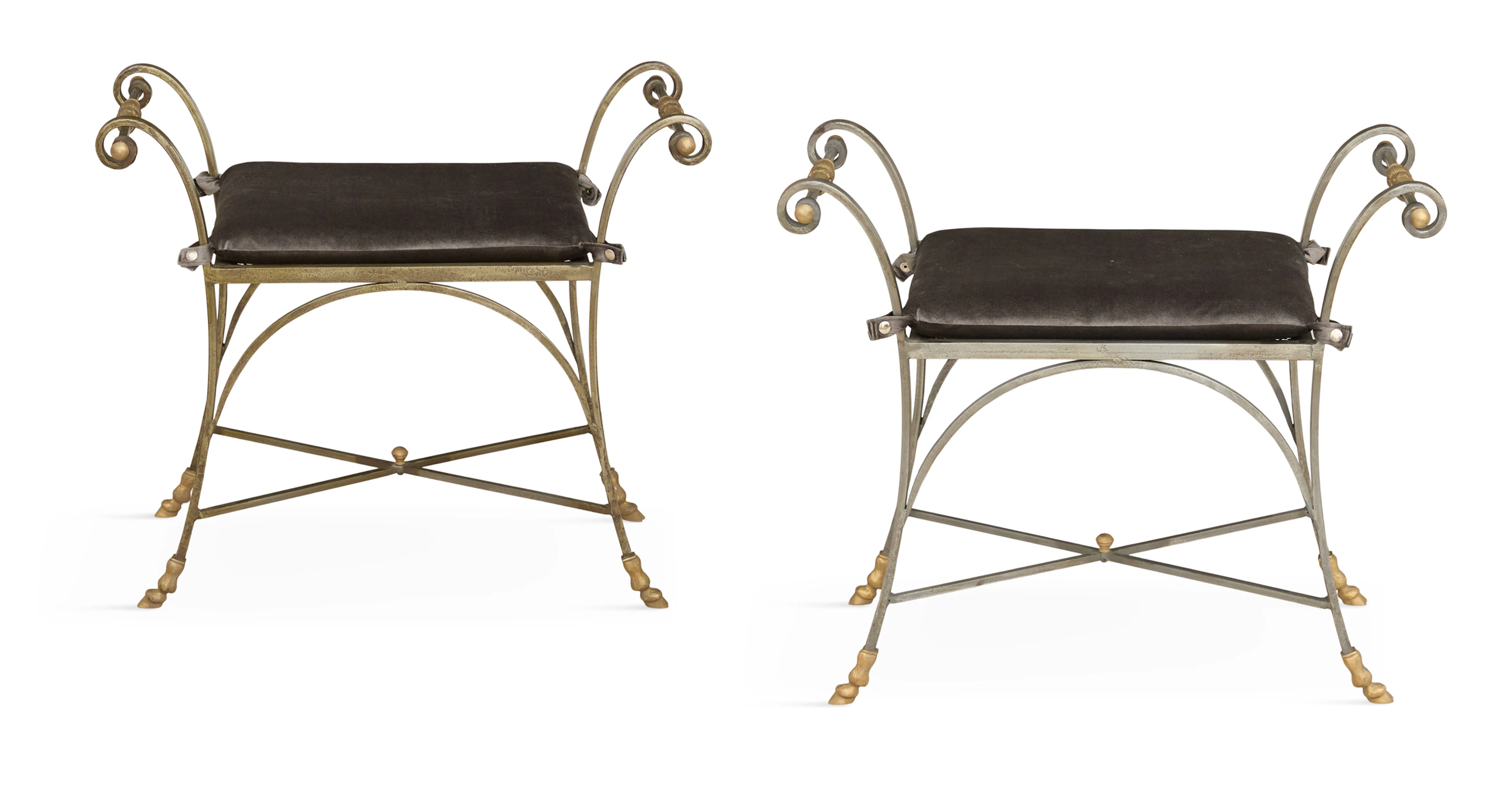 Pair of Maison Jansen-Style Steel and Brass Stools