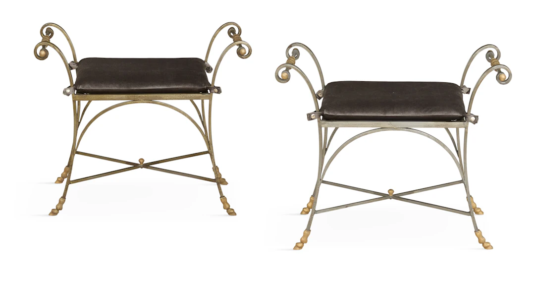 Pair of Maison Jansen-Style Steel and Brass Stools