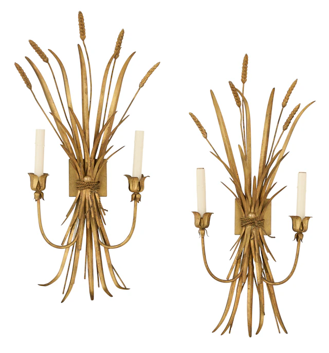 Pair of Italian Gilt-Metal Sheaf-of-Wheat Sconces