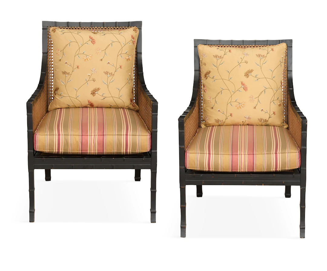Pair of Regency-Style Ebonized and Caned Armchairs