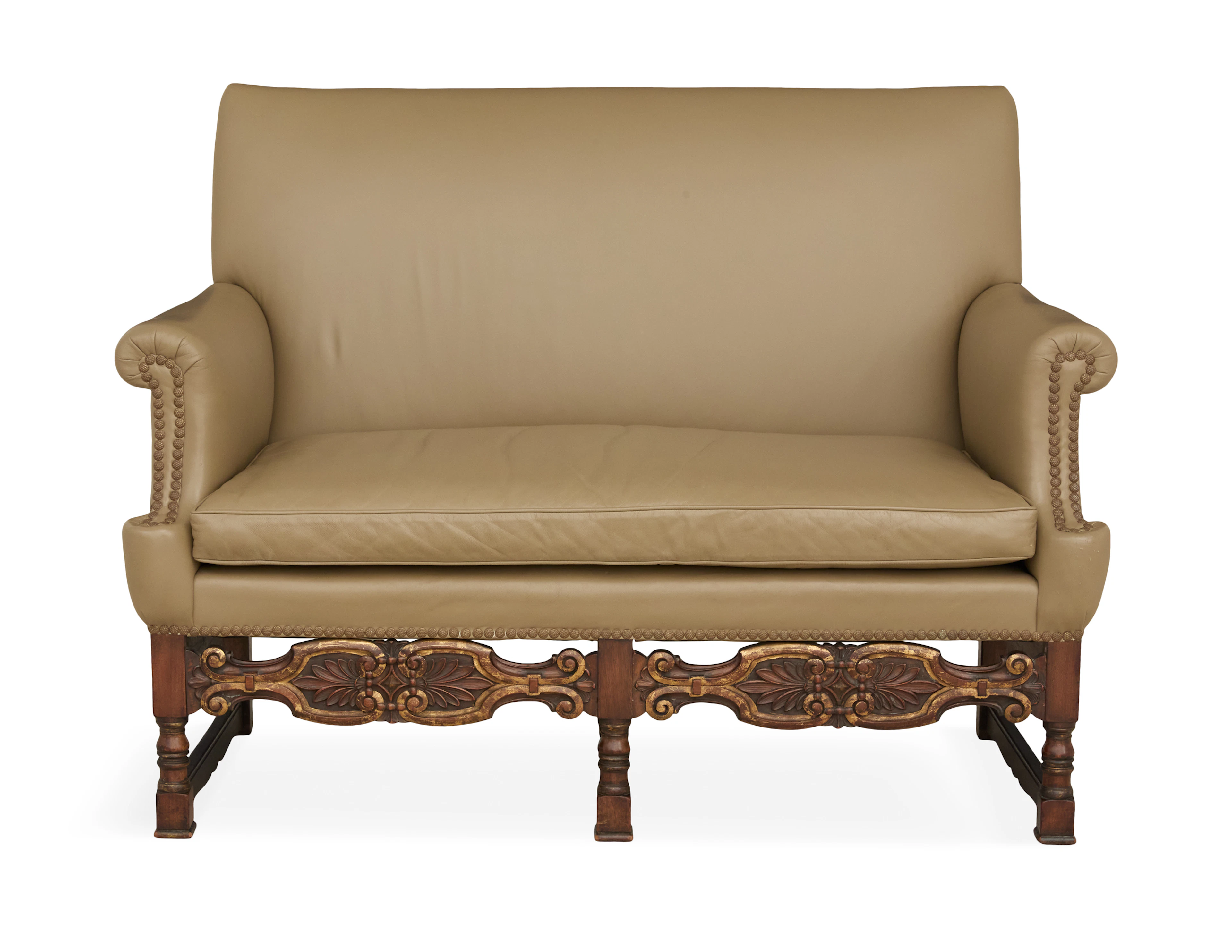 Flemish-Style Walnut and Leather Settee