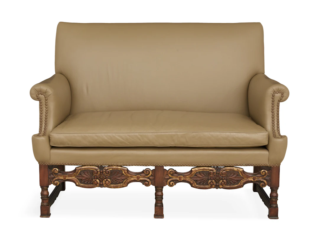 Flemish-Style Walnut and Leather Settee