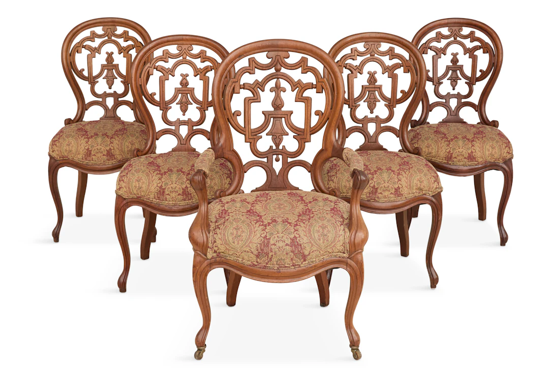 Suite of Five Laminated-Walnut Dining Chairs