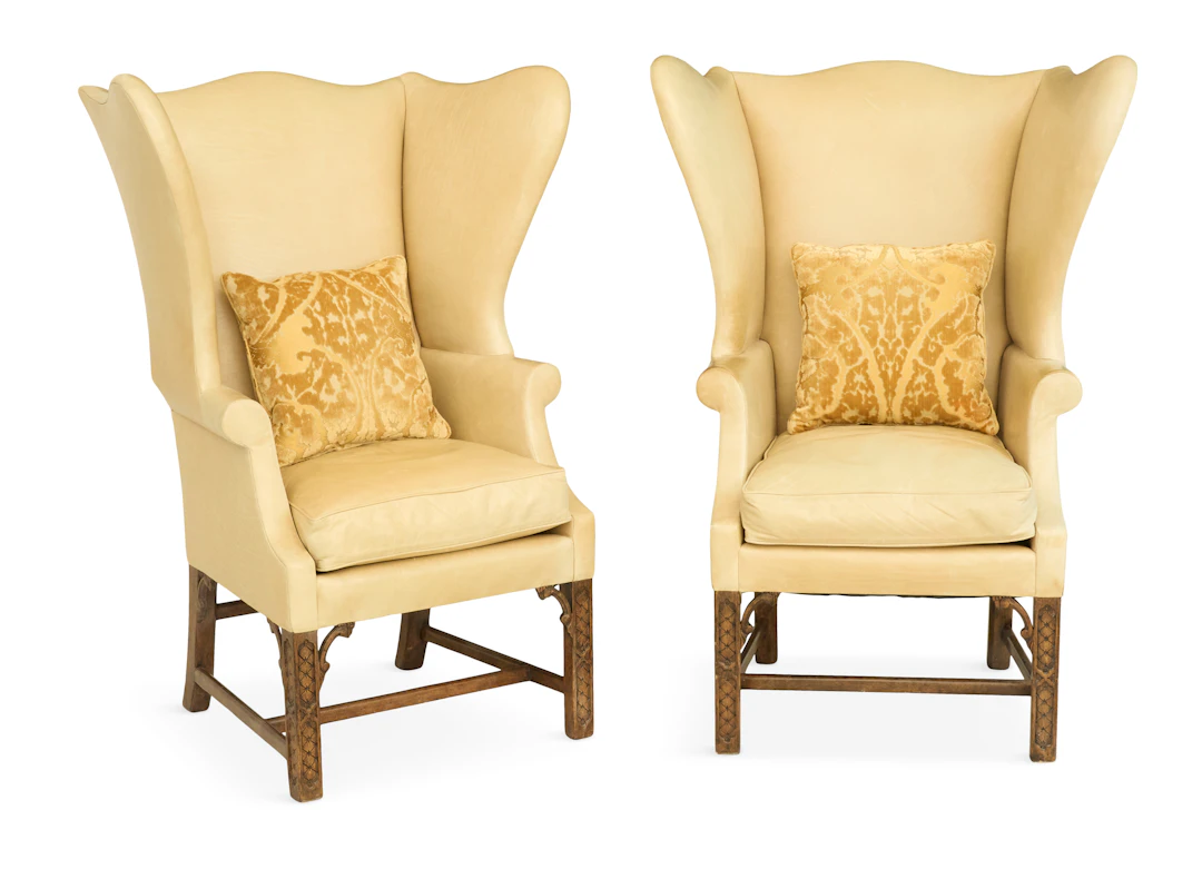 Pair of George III-Style Mahogany and Leather Wing Chairs