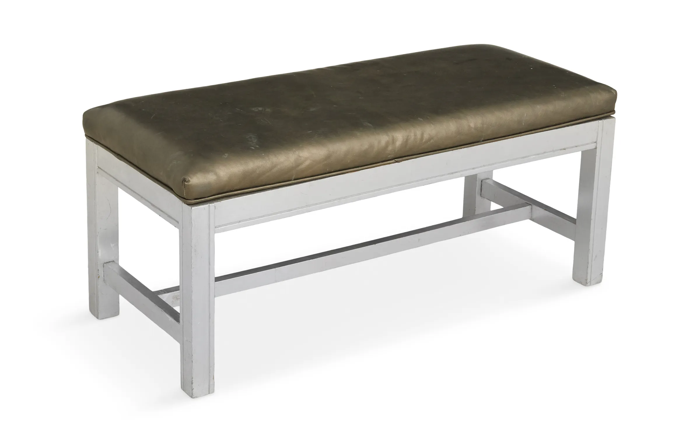 Silvered Wood and Leather Bench