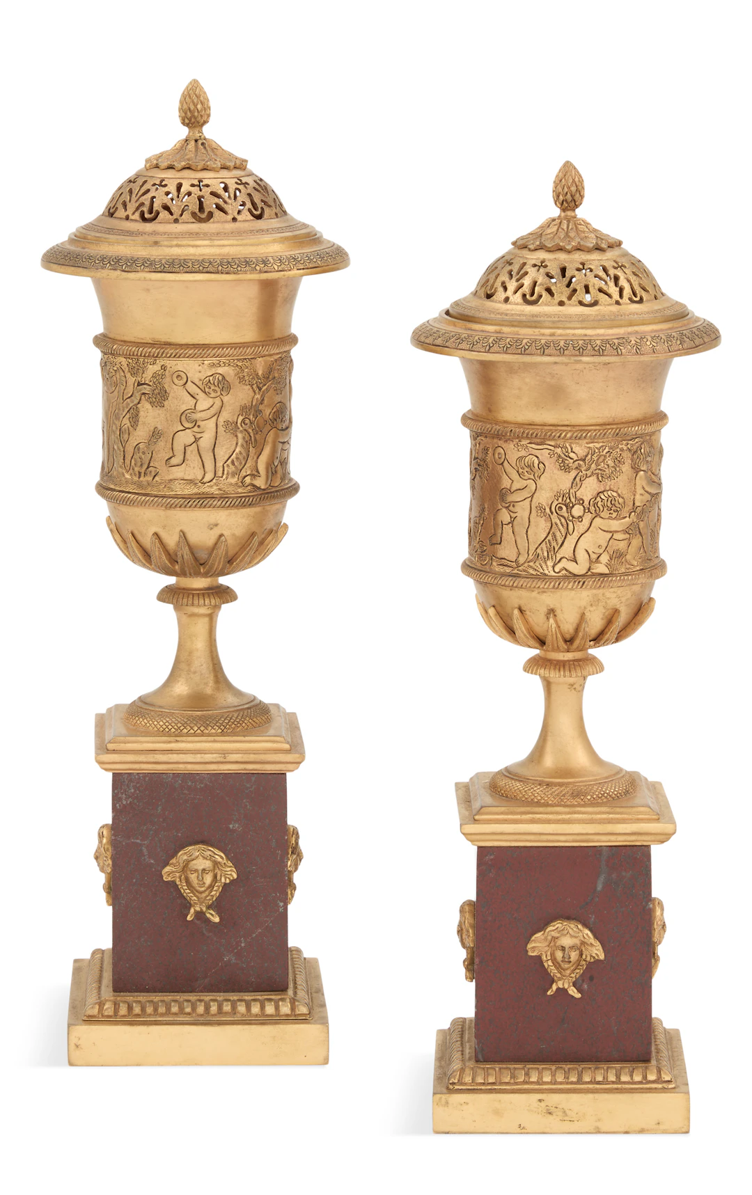 Pair of French Gilt-Bronze and Marble Cassolettes