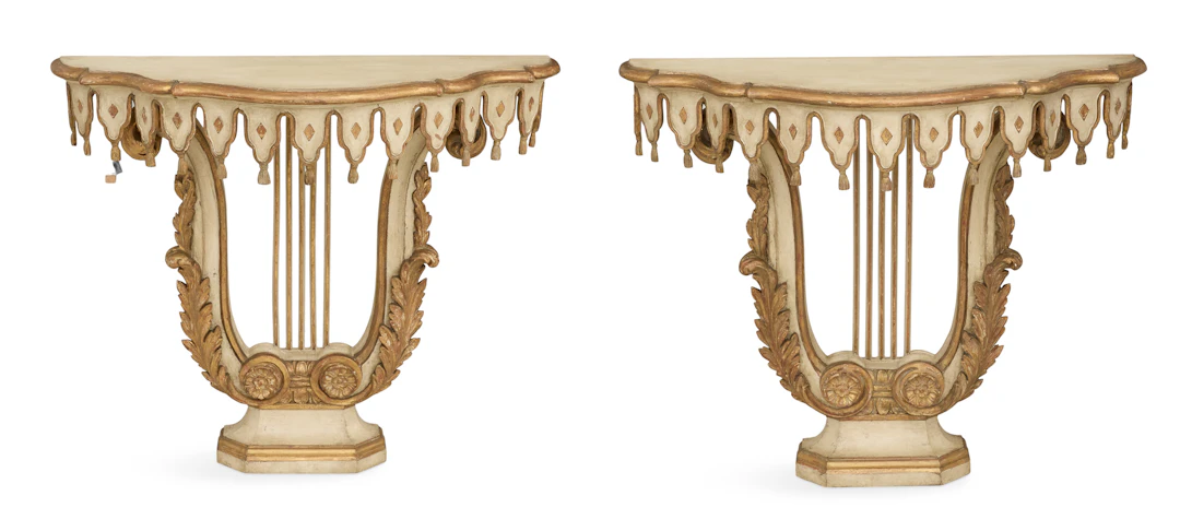 Pair of Venetian Polychrome and Parcel-Gilt Consoles