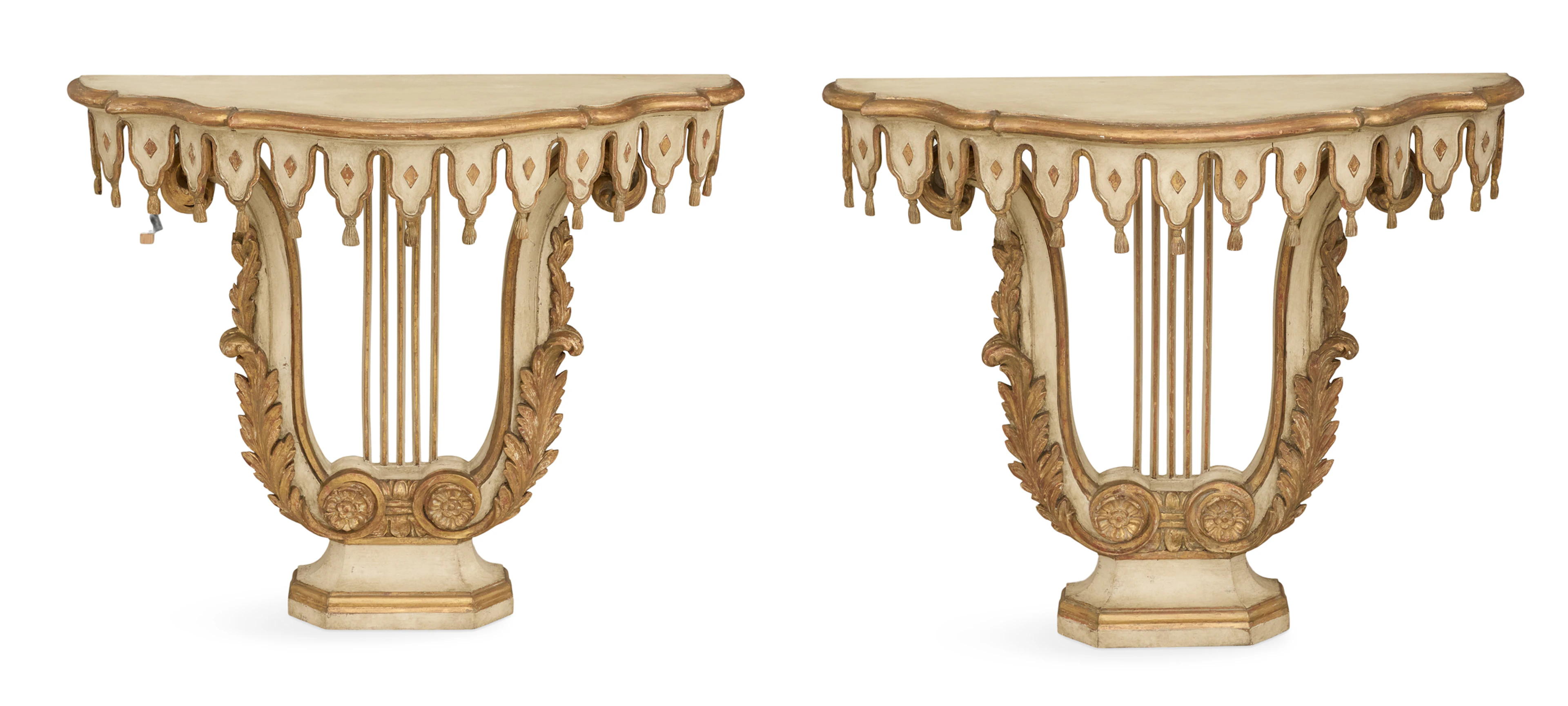 Pair of Venetian Polychrome and Parcel-Gilt Consoles