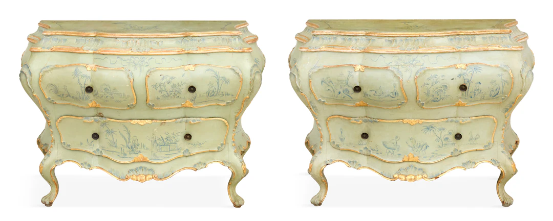 Pair of Italian Polychrome Bombe Commodes