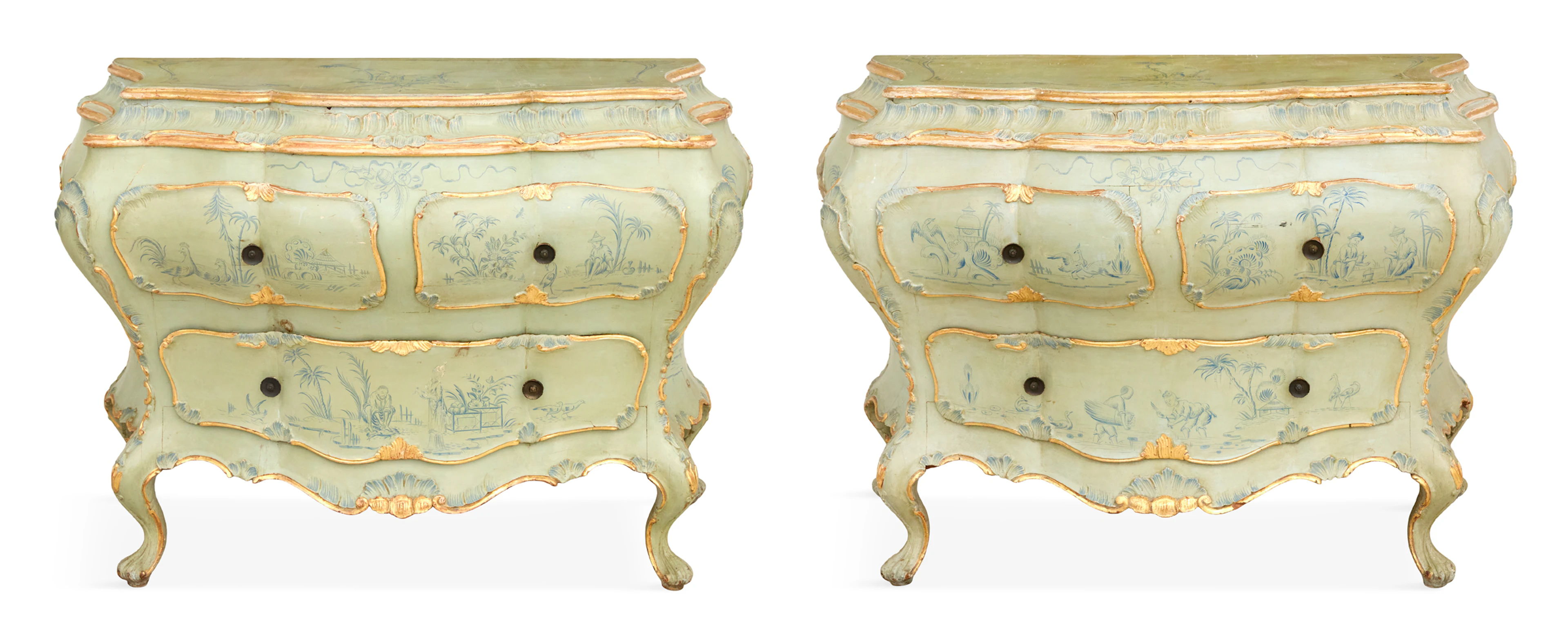Pair of Italian Polychrome Bombe Commodes