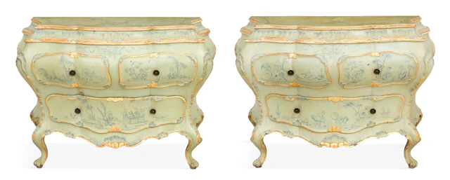 Pair of Italian Polychrome Bombe Commodes