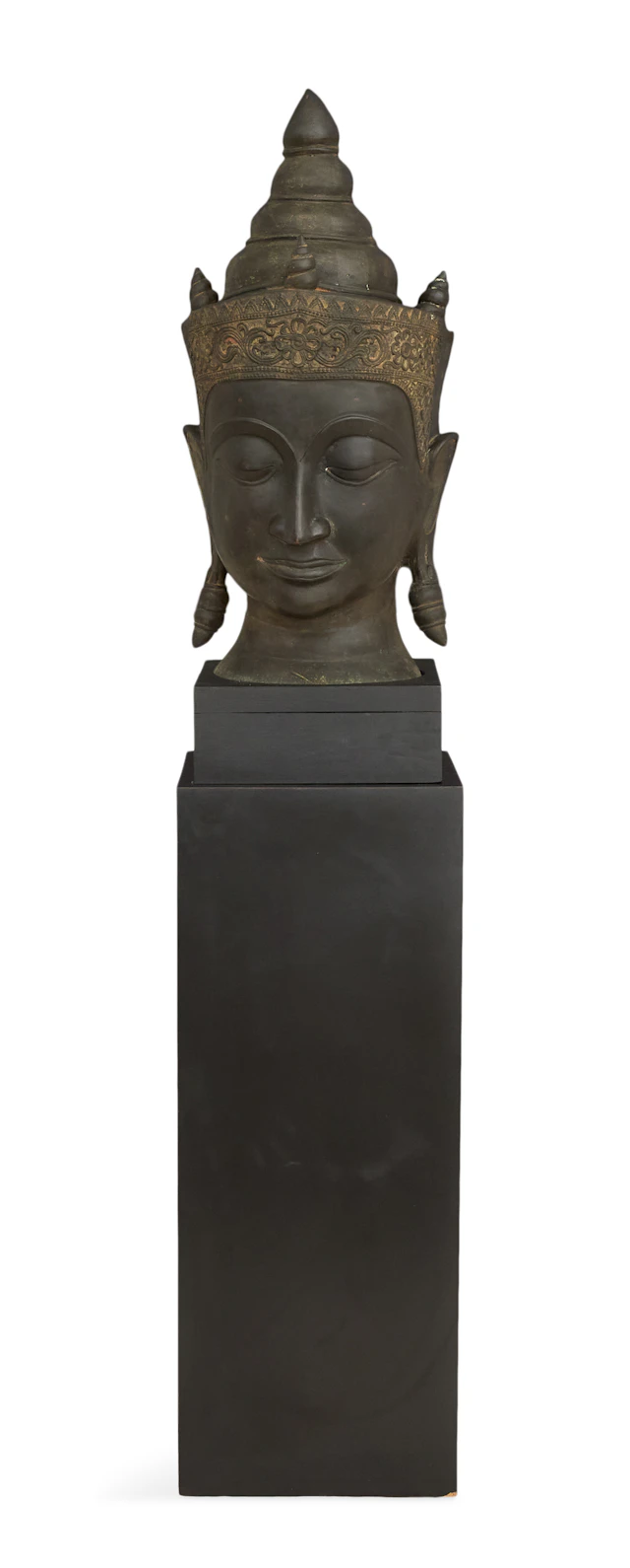 Bronze Buddha Head on Wooden Pedestal