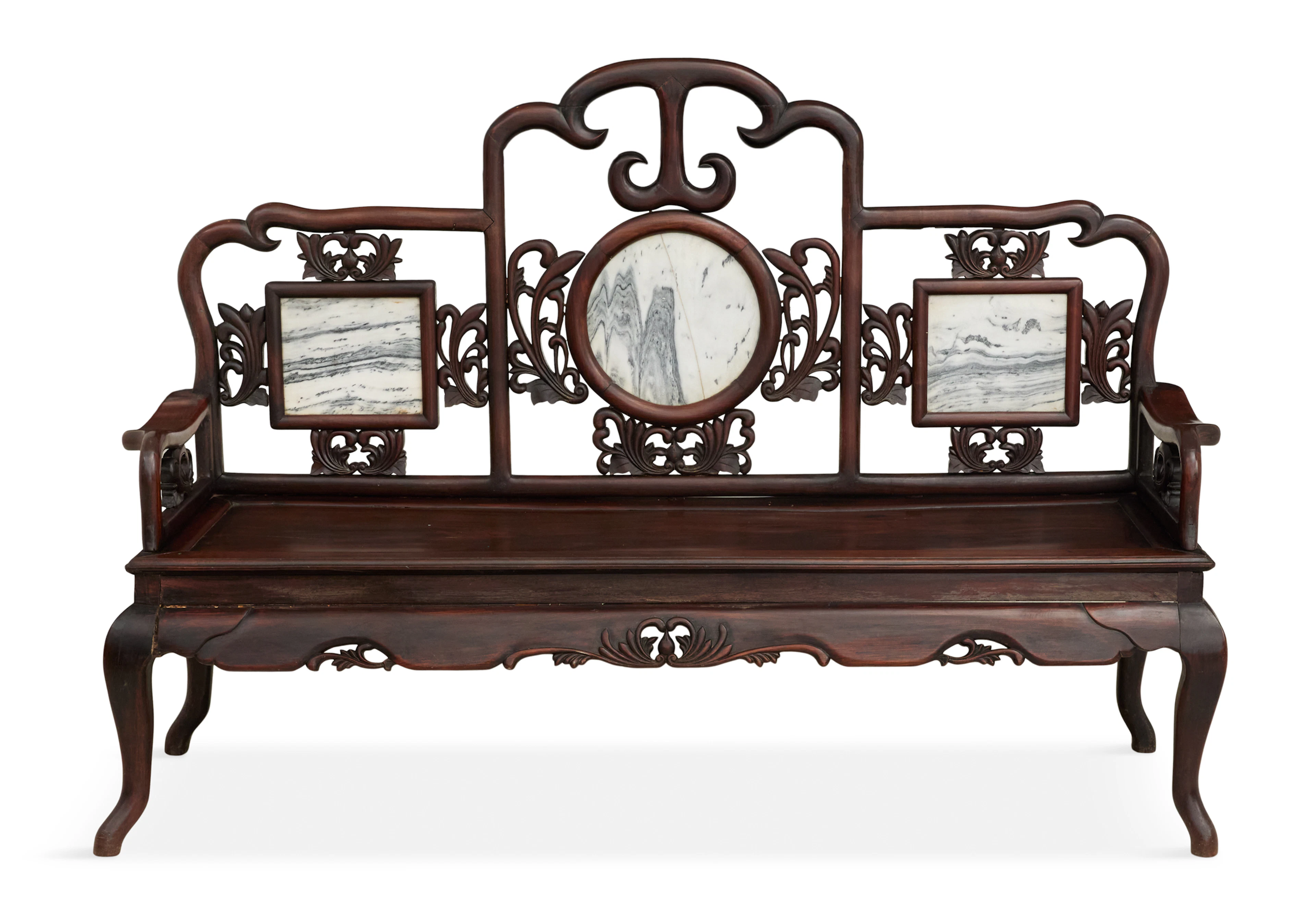 Chinese Rosewood and Marble-Inset Bench