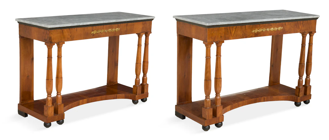 Pair of French Empire Circassian Walnut and Marble-Top Consoles