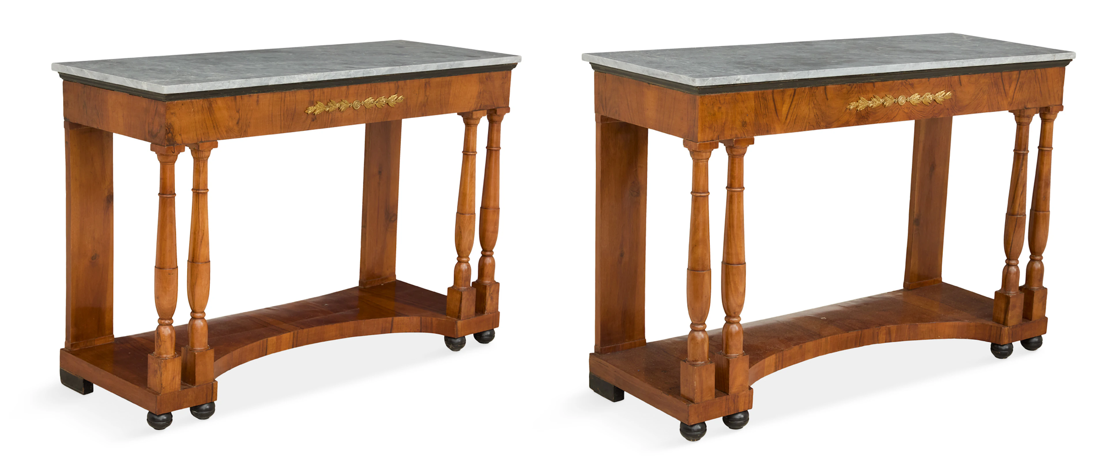 Pair of French Empire Circassian Walnut and Marble-Top Consoles